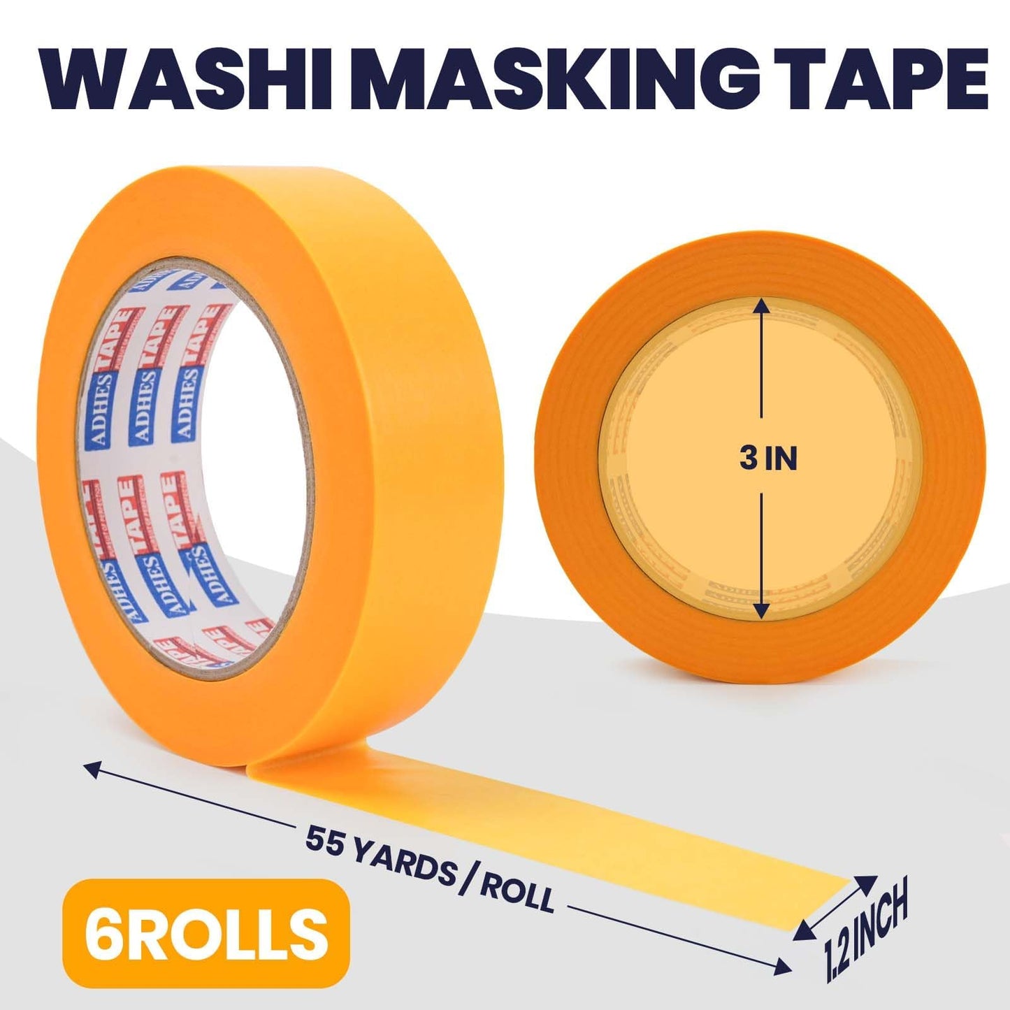 ADHES Orange Washi Masking Tape, 1.2in x 60yds x 6rolls, Paint & Surface Protection Tape, Easy Tear, No Residue Painters Tape for DIY, Home, Wall, Furniture, Craft Projects
