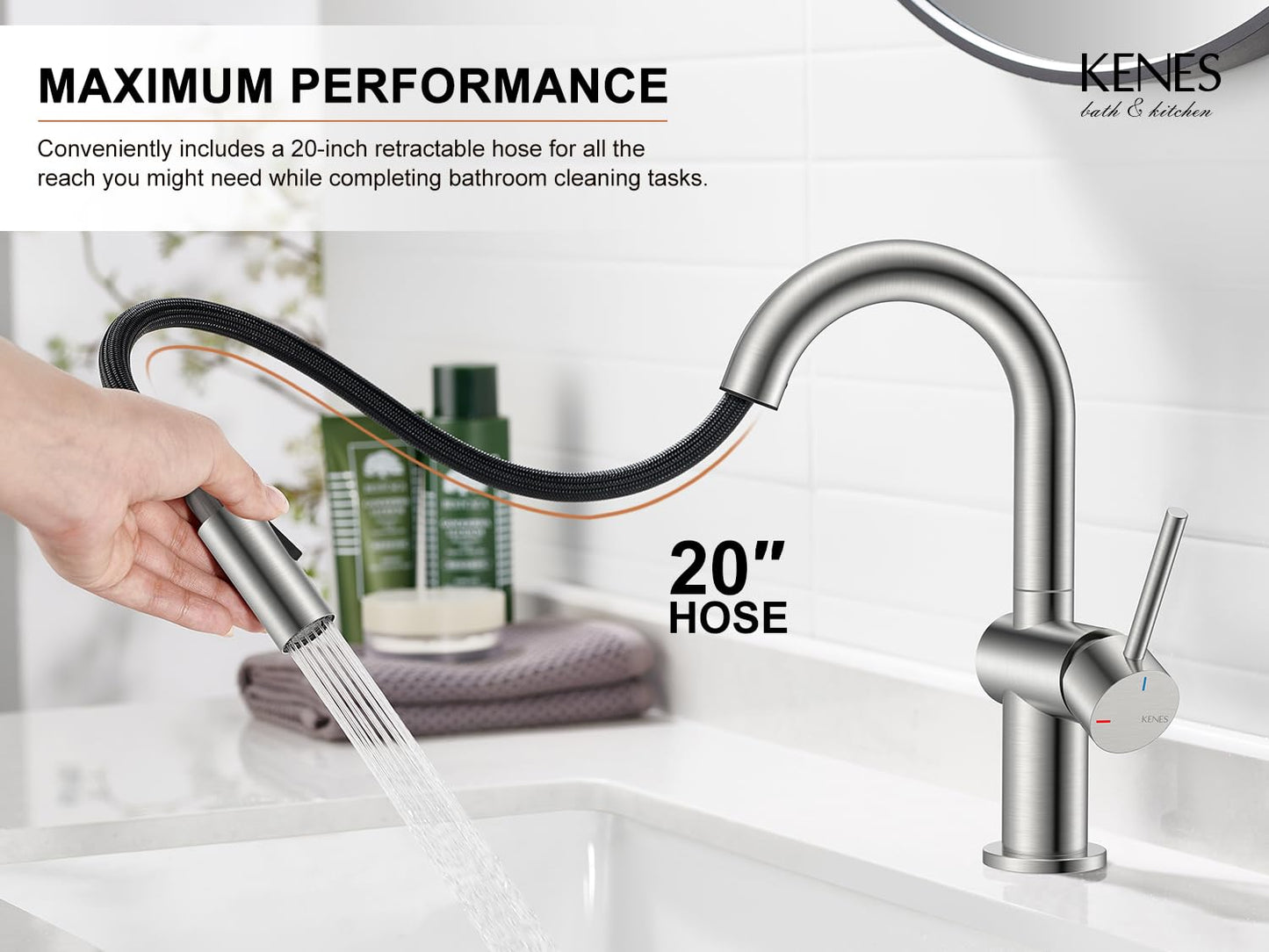 KENES Brushed Nickel Bathroom Faucet with Pull Down Sprayer, Single Handle Bathroom Sink Faucet with Pull Out Sprayer, Vanity Faucet with Pop Up Drain & Deck Plate, KE-9065B