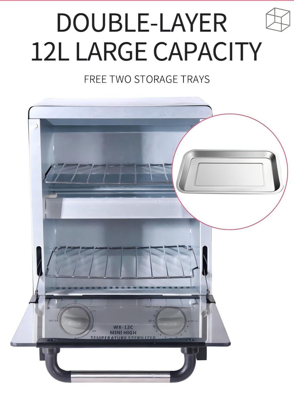 Sterilizer for Nail Tools, 12L Multifunctional High Temperature Cleaning Dry Box Stainless Steel with Temp Control, Timer, 2 Stainless Trays, Tweezer Sterilizer, Nail Salon Equipment