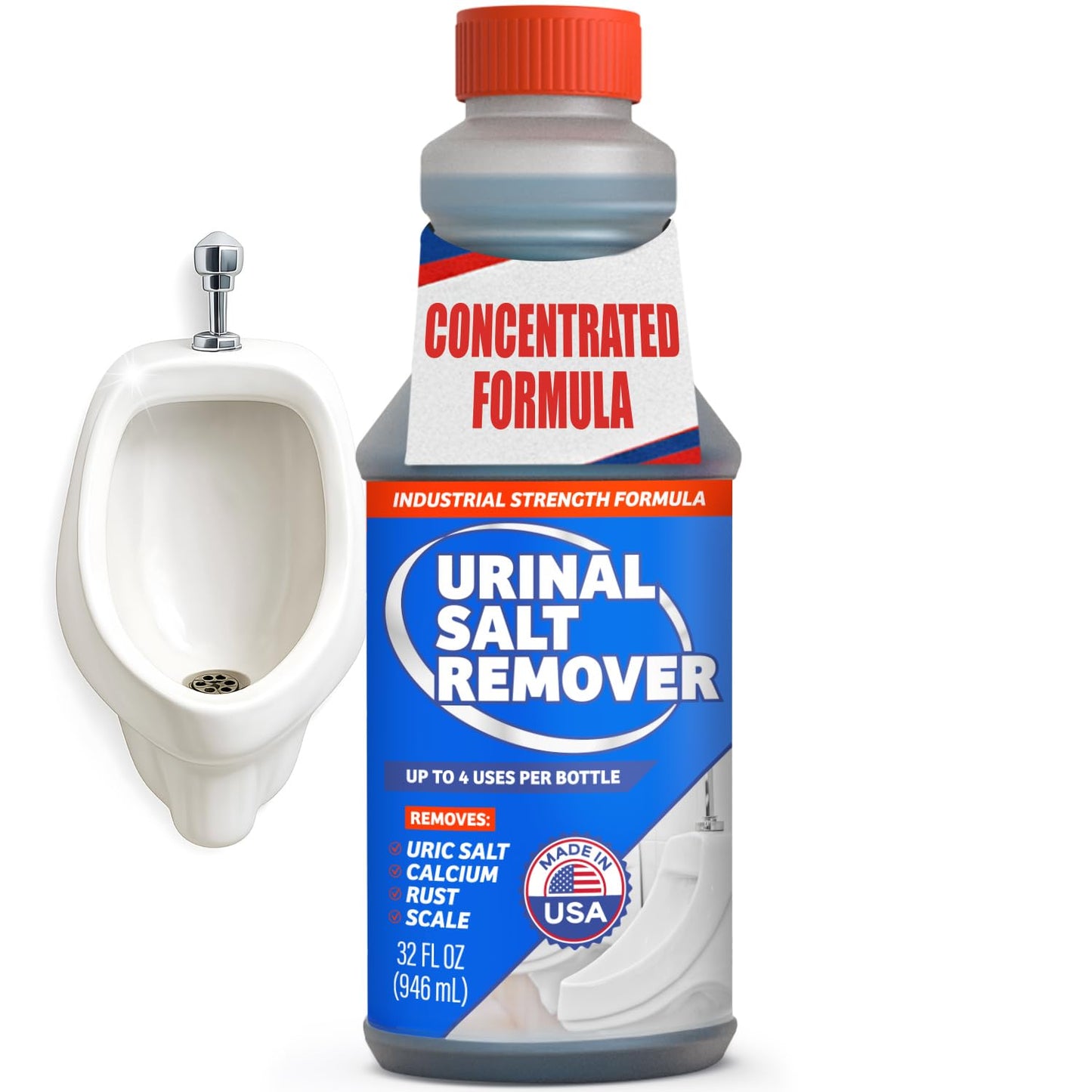 Escentile Urinal Salt Remover – Dissolves Uric Acid, Made in USA | Rust & Hard Water Scale | Drain Opener for Toilets & Urinals | Odor Control Cleaner Safe on Pipes, Porcelain, Stainless Steel – 32oz