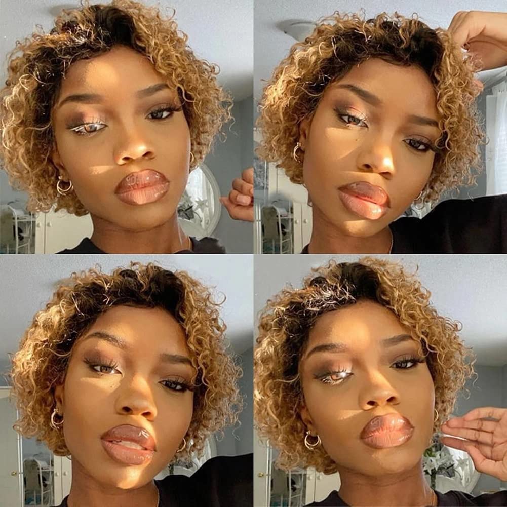 Fereowth Ombre Short Curly Lace Front Wigs Human Hair Wig for Women Brown 1B/27 Pixie Cut Wigs Human Hair Short Curly Human Hair Wig Pre Plucked with Baby Hair 150% Density