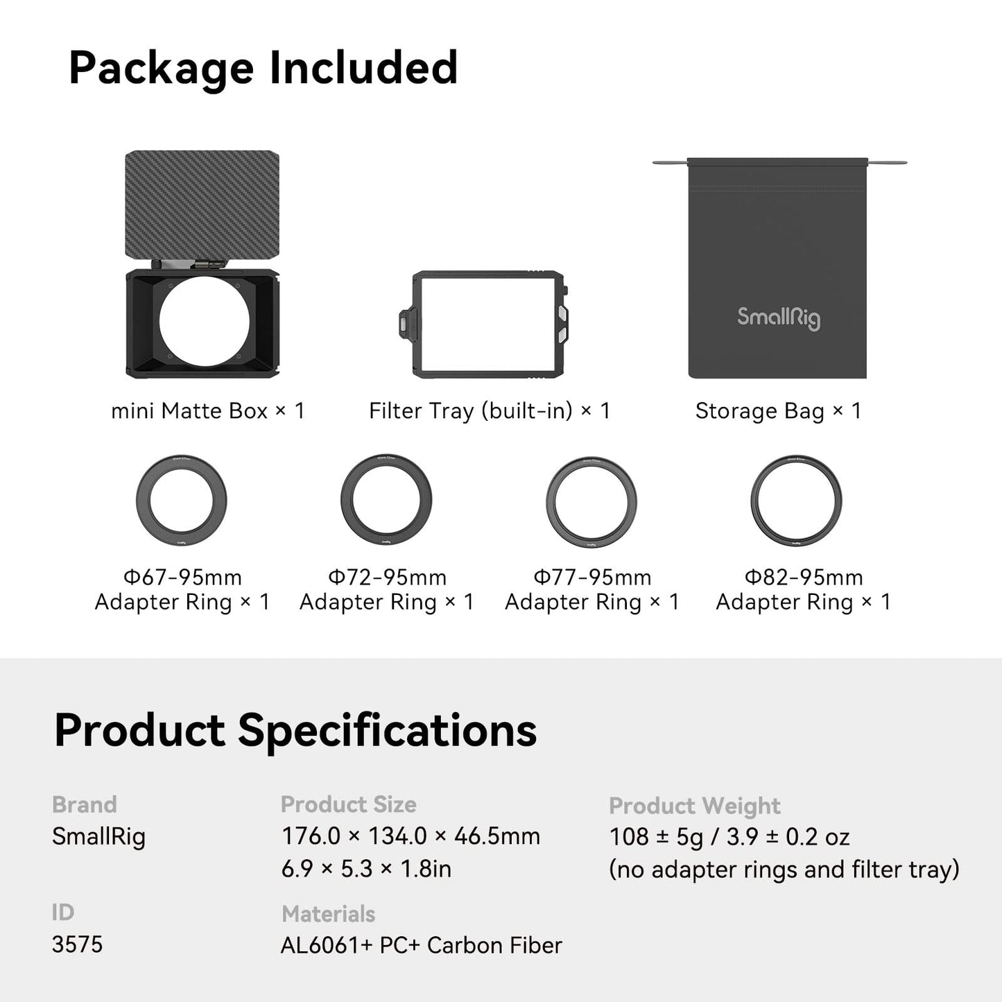 SmallRig Mini Matte Box Lite with Top Flag for DSLRs and Mirrorless Cameras, Compatible with 67mm/72mm/77mm/82mm/95mm Lenses, Comes with Filter Tray - 3575