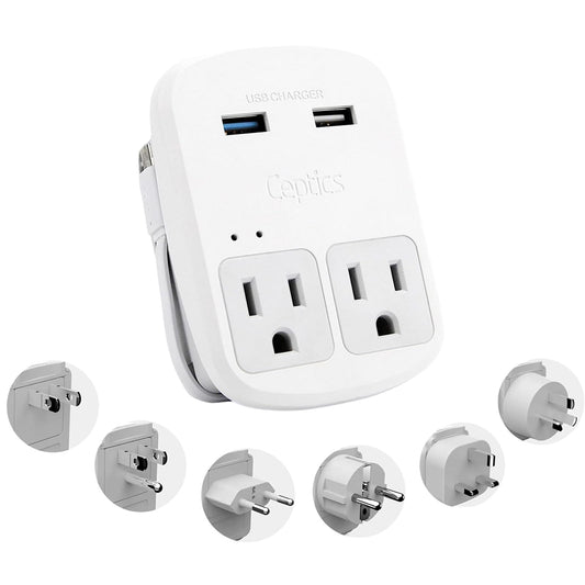 Ceptics Universal Travel Adapter kit, Dual USB (QC 3.0) + 2 US outlets + USB-C Cable, Use with Chargers, Cell Phones, Laptops, 6 Plug attachments for Worldwide use (Does Not Convert Voltage) (WPS-2B)