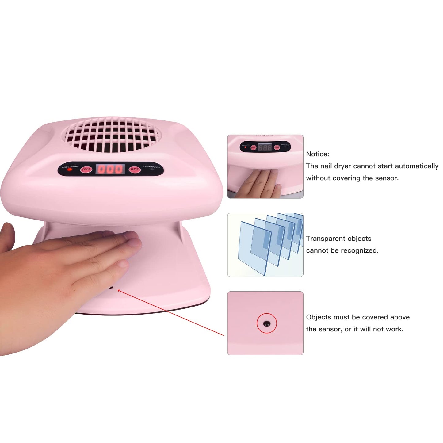 Air Nail Dryer with Automatic Sensor, 300W Timing Air Nail Fan Blow Dryer for Both Hands and Feet, Warm & Cool Wind Blower Dryer for Regular Nail Polish, Home and Salon Use No Harmful (Pink)
