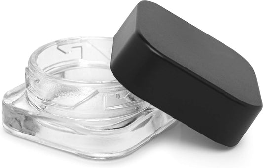 9ml Cube Glass Shoulderless Screw Top Jars w/ Child Resistant Lid | Containers for Essential Oils, Concentrates, Lip Balm, Makeup or Cosmetics | 100pc (Clear Glass, Black Lid)