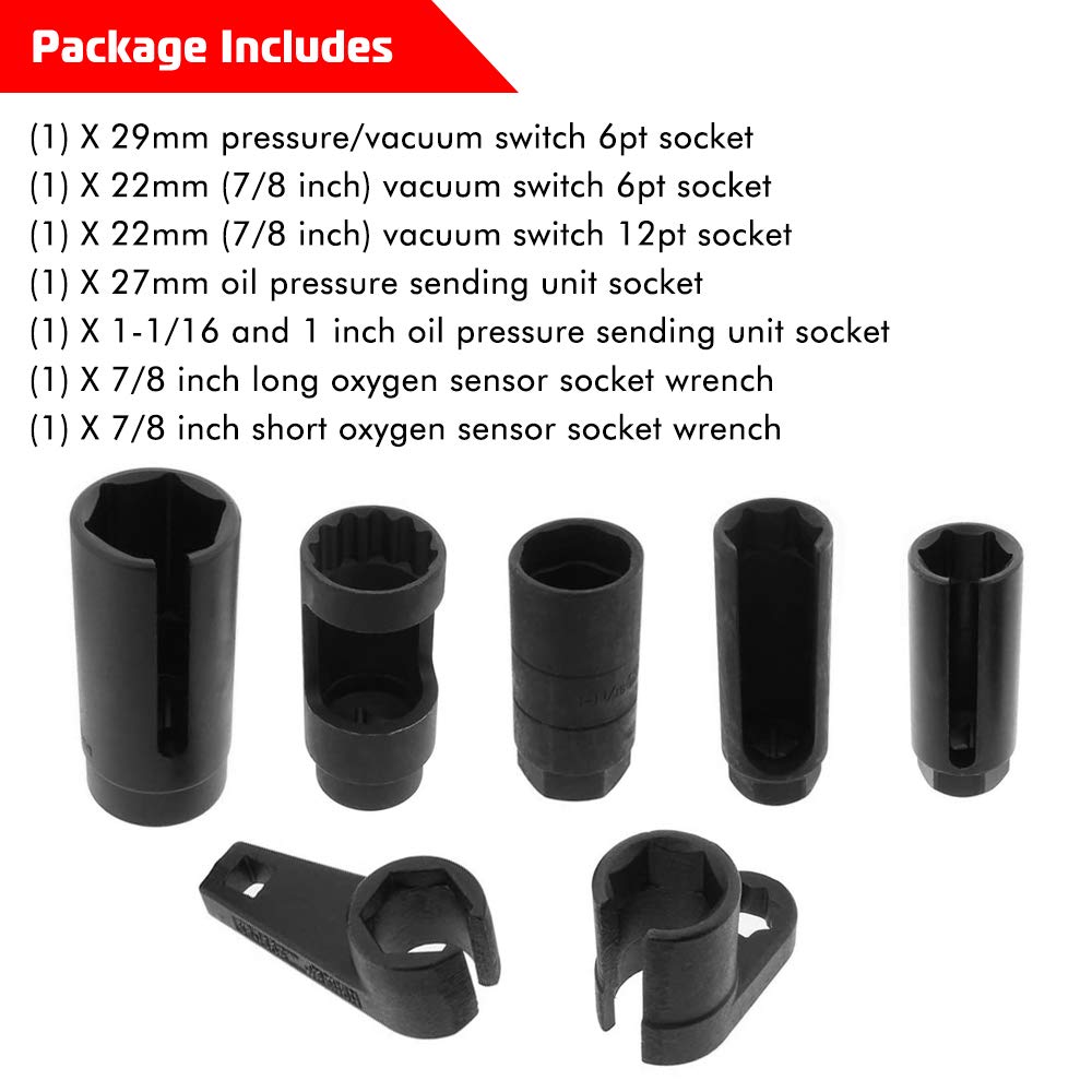 7PCS Oxygen Sensor Socket 22mm (7/8 in), 27mm, 29mm fits All Vehicle O2 Removal and Installation Universal Puller and Removal Tool