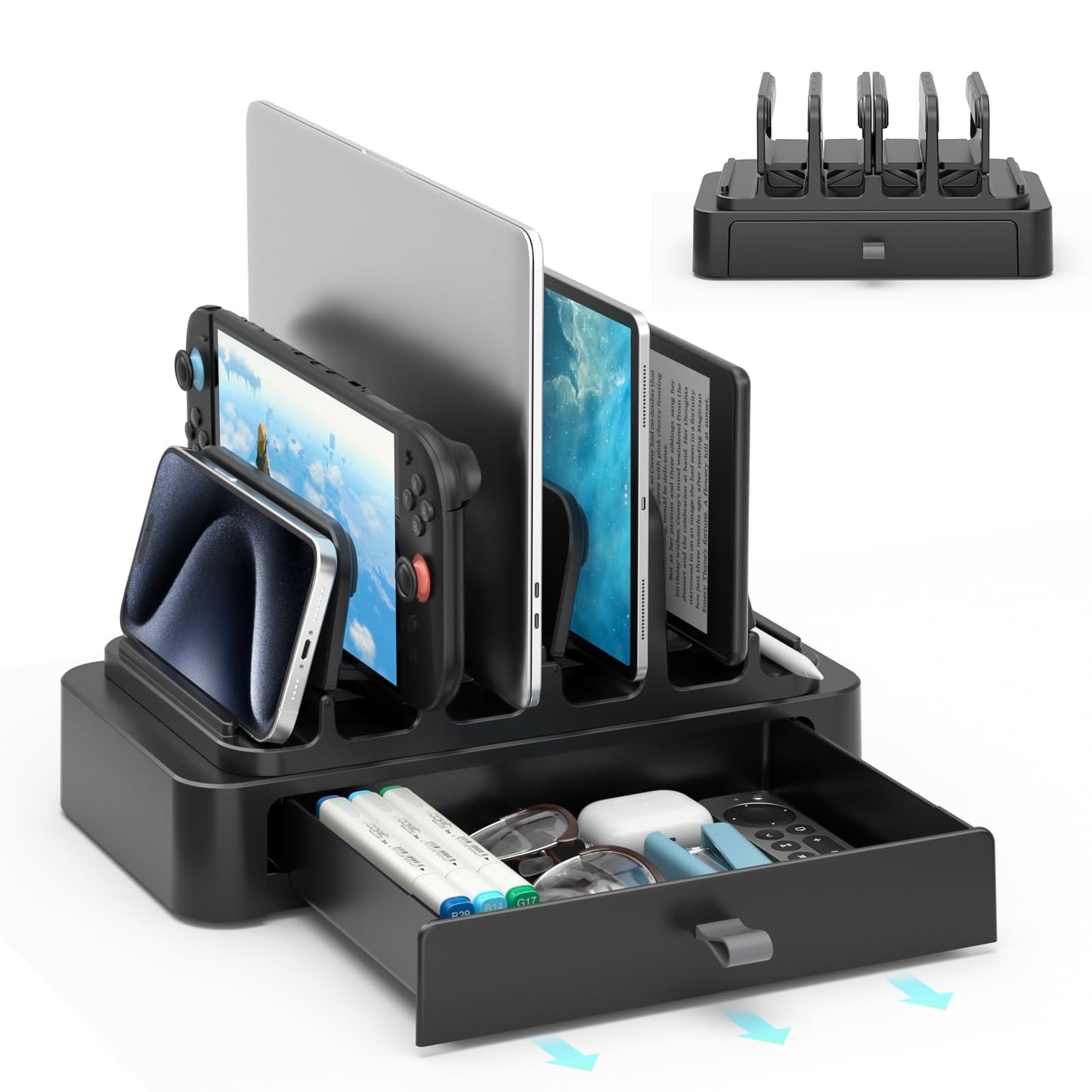 KDD Vertical Laptop Stand with Drawer, 7-in-1 Space-Saving Laptop Holder Organizer with Gravity Locking Fits MacBook Pro Air, Chromebook, Surface, HP, Dell, Tablet, Switch