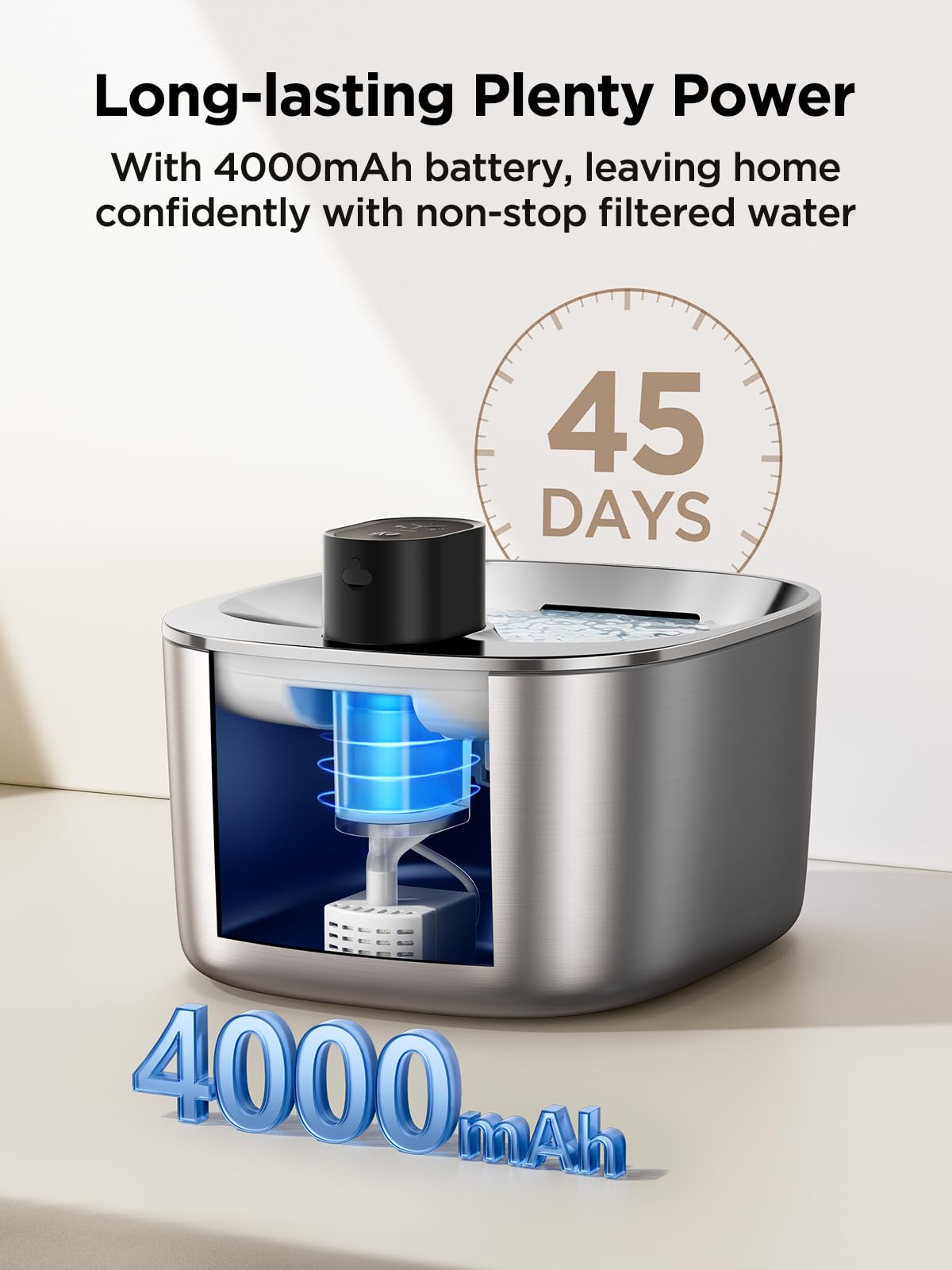 FEELNEEDY Cat Water Fountain Battery Operated, 4L/135 fl oz Stainless Steel Pet Water Fountain for Cats and Dog with Motion Sensor, Wireless Ultra Quiet Cat Drinking Fountain Waterfall with 2 Filters Replacement (YPD-C004S)