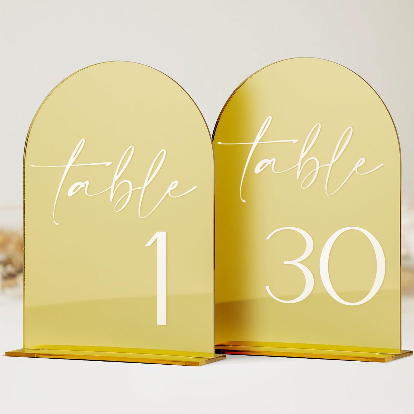 HOODO Gold Mirror Acrylic Wedding Table Numbers 1-30 with Stands, 5"x7" Arched Acrylic Signs and Holders, Modern Luxury Style