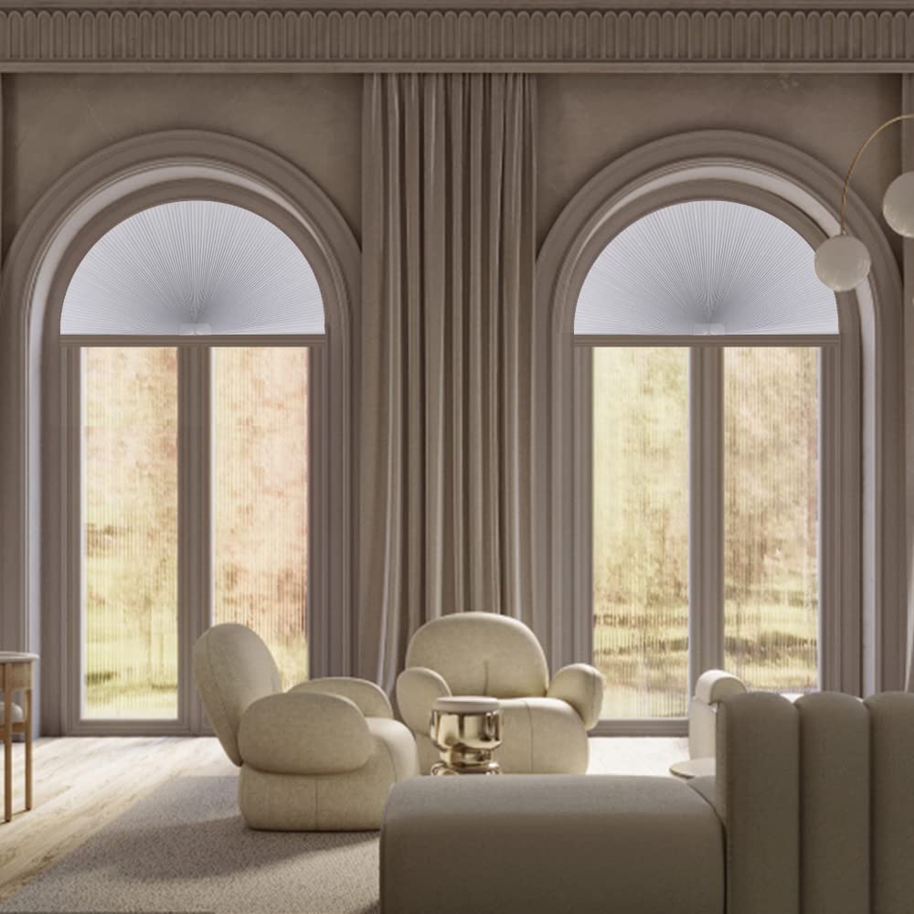 LUCKUP Arch Window Shades Half Circle Blackout Cellular Pleated Blinds Dual Color Semi Circular Honeycomb Windows Curtains for Half Moon Round Windows, Easy Cut and Install 24"x72", Grey-White