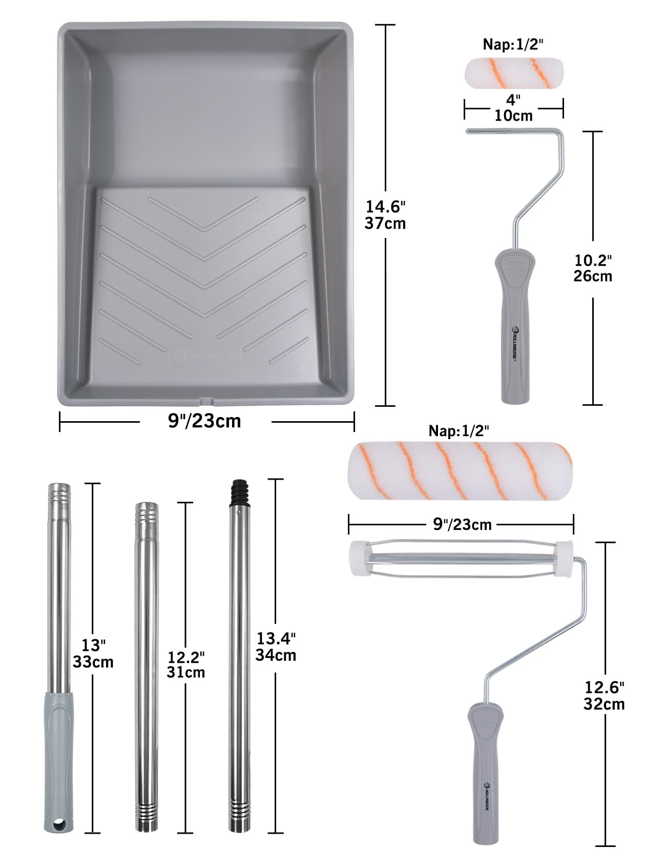 ROLLINGDOG Paint Roller Kit - 9Inch Paint Roller with Tray, 4Inch Mini Rollers,Stainless Steel Extension Pole (3ft)
