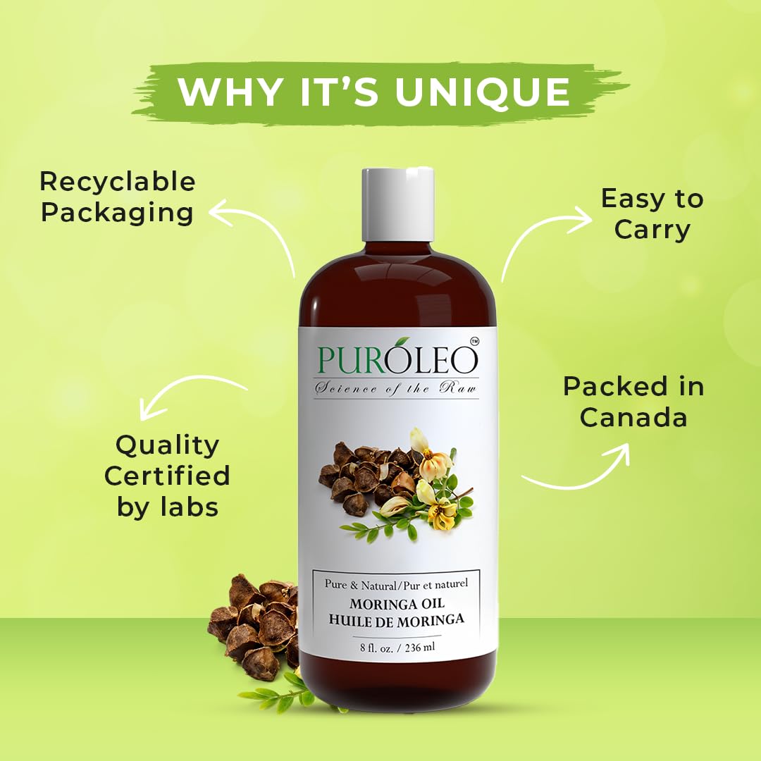 PUROLEO Moringa Oil 8 Fl Oz/236 ML (Packed In Canada) for Face 100% Pure | Natural Moringa Oil