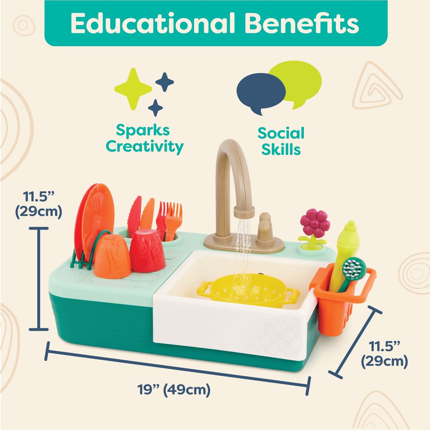 B. toys – Sink Play Set – Toy Kitchen Sink – Faucet & Running Water, Dishes, Play Food – Pretend Play Set for Kids – 3+ Years– Splash – n – Scrub Sink