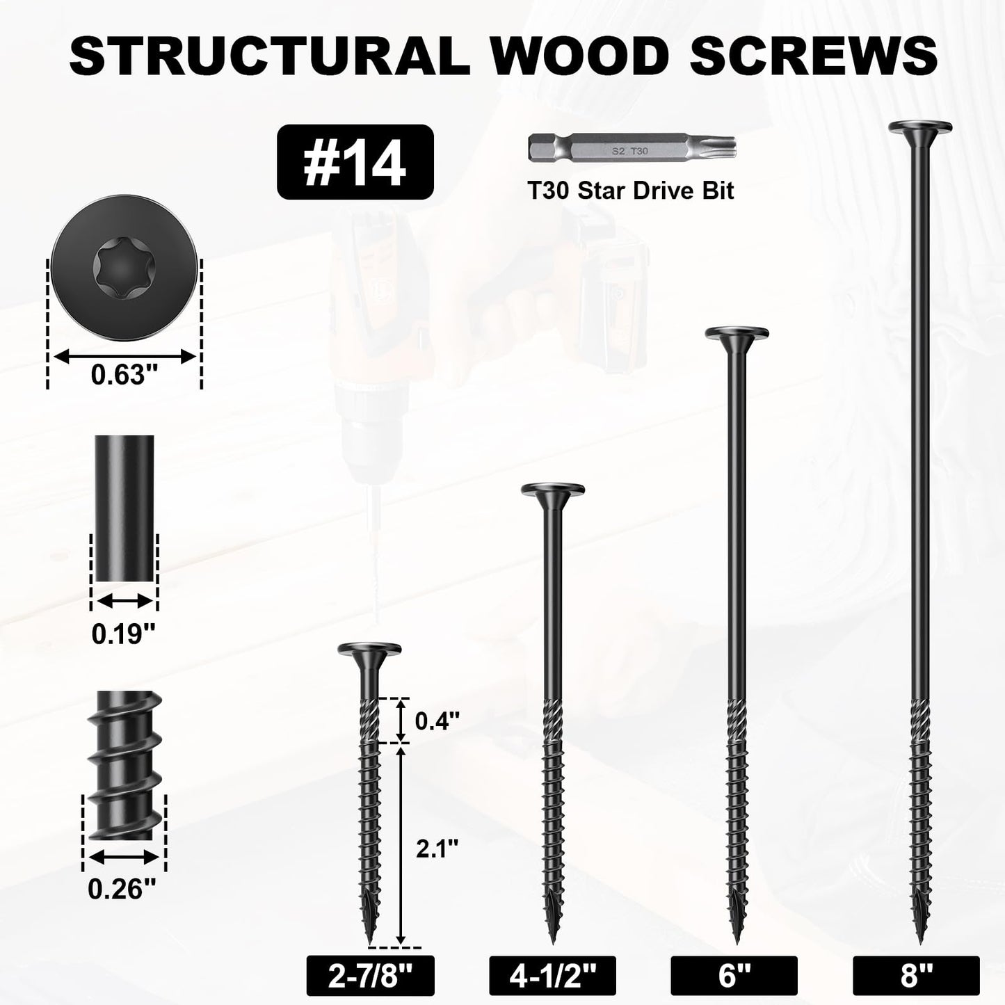 FMhotu 8 Inch Heavy-Duty Outdoor Deck Screws, 50Pcs Star Drive Decking Wood Screws, Rust Resistant Timber Screws for Timber/Log/Landscaping Wood (#14 x 8" Black)