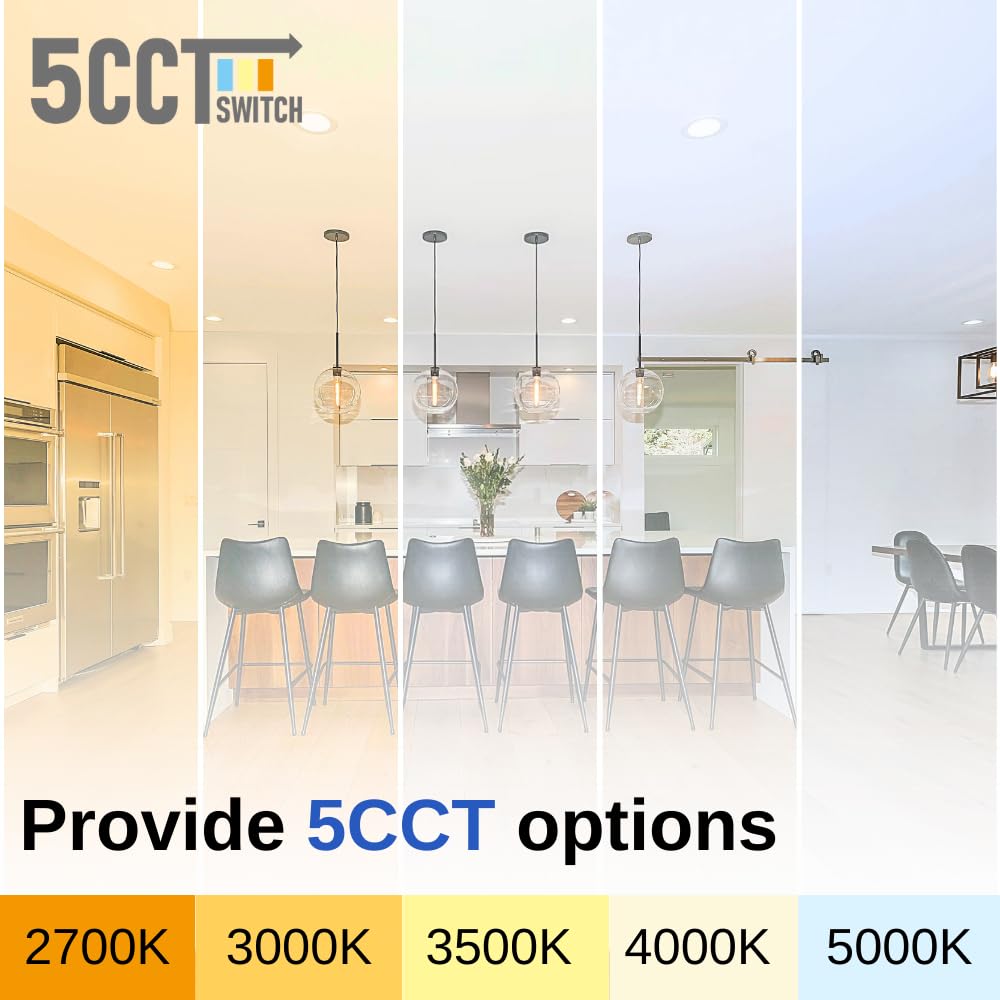RS 6Inch 5CCT LED Recessed Light, 12W, Up to 1000LM, Dimmable, IC Rated, 2700K-3000K-3500K-4000K-5000K, Adjustable& Rotatable, Energy Star, ETL, Damp Location (6 Inch White Trim, Pack of 6)