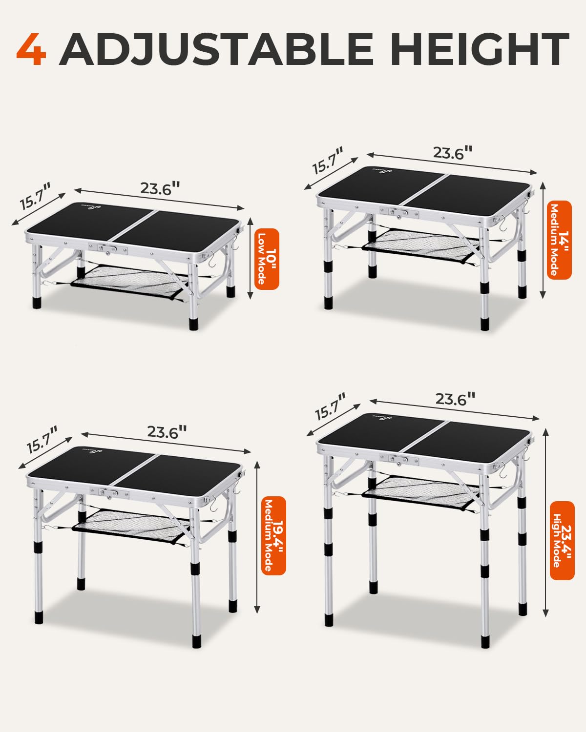 Sportneer Small Folding Table 2ft, 4 Adjustable Height Folding Camping Table with Mesh Layer Lightweight Portable Folding Camping Tables Aluminum Camping Table Outdoor Table for Picnic Beach BBQ