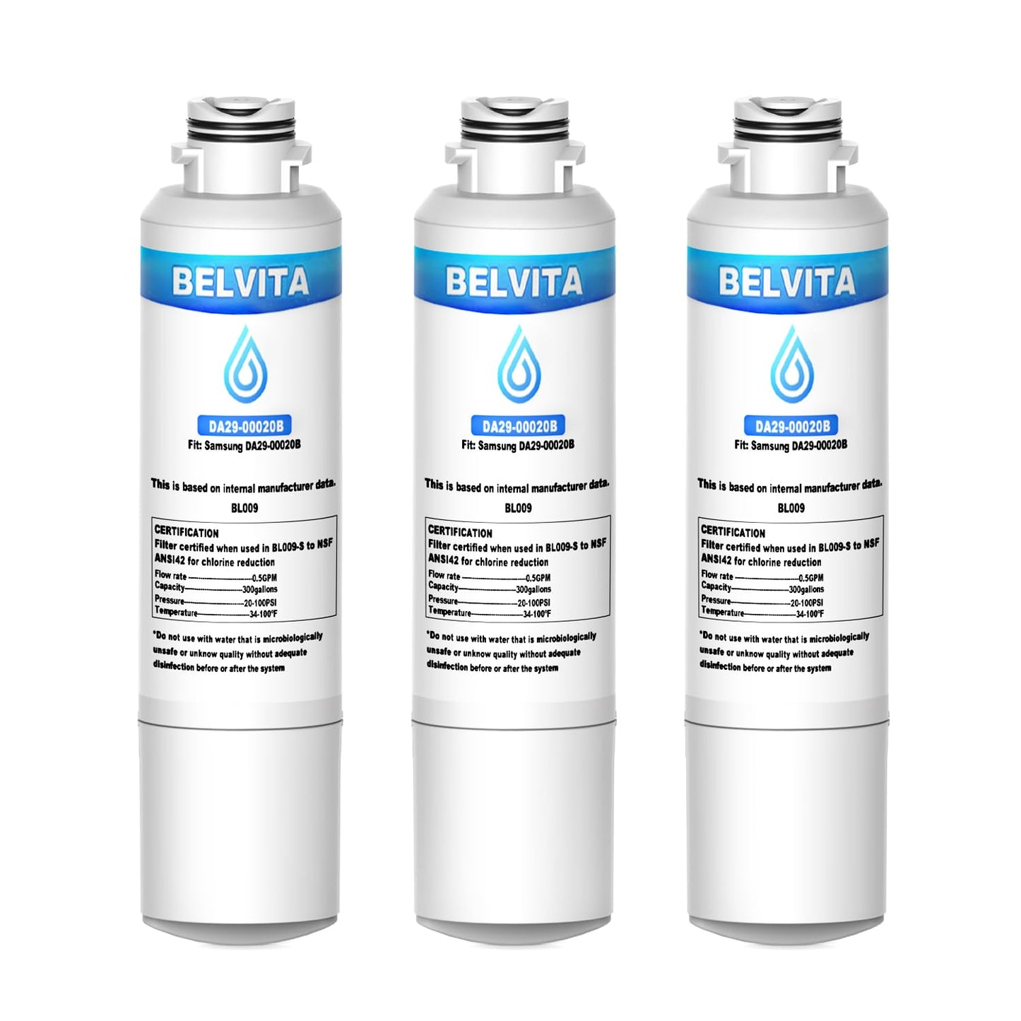 BELVITA DA29-00020B Refrigerator Water Filter Compatible with Samsung DA29-00020B-1, DA29-00020A, DA97-08006A, HAF-CIN/EXP, RF28HFEDBSR, RF28HMEDBSR, RF263BEAESR, RF263TEAESG, RF4267HARS, 469101 3PACK