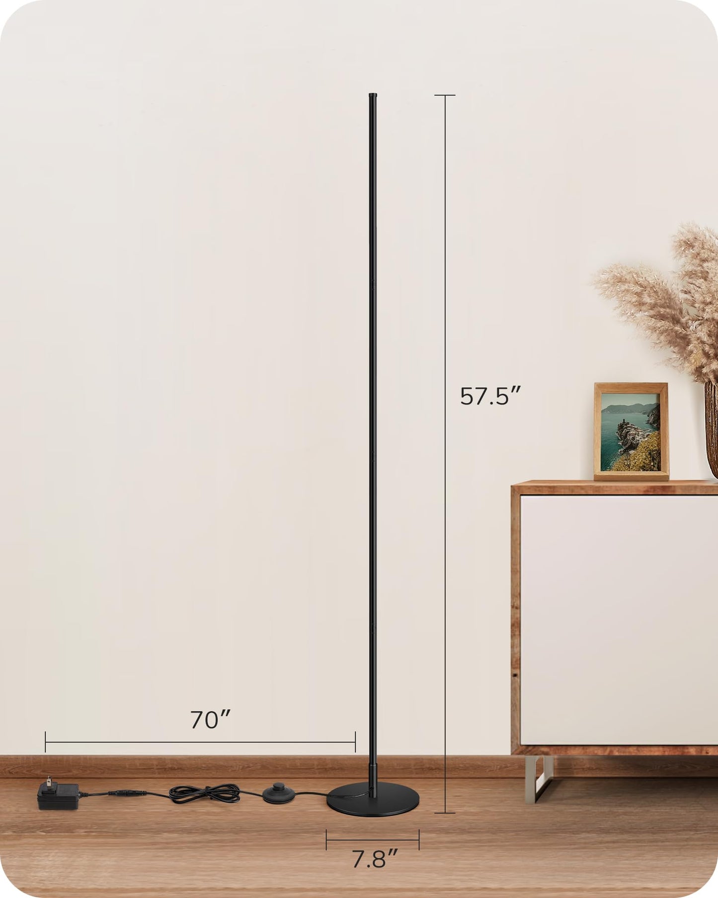 EDISHINE LED Corner Floor Lamp, 57.5" Minimalist Dimmable Sleek Light, Adjustable Height, Standing Tall Lamp for Living Room, Bedroom, Office, 3000K Warm White Light (Black)