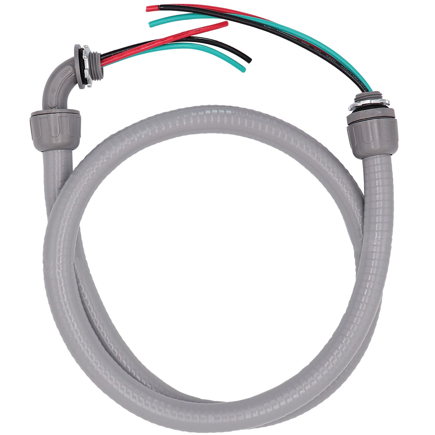 Fuzbaxy 4FT 1/2-Inch Electrical AC Whip Kit,Nonmetallic Liquid Tight Flexible Electrical Conduit,6FT of Connecting Wires 3-Conductor 10-Gauge Wires with Straight/90 Degree Fittings