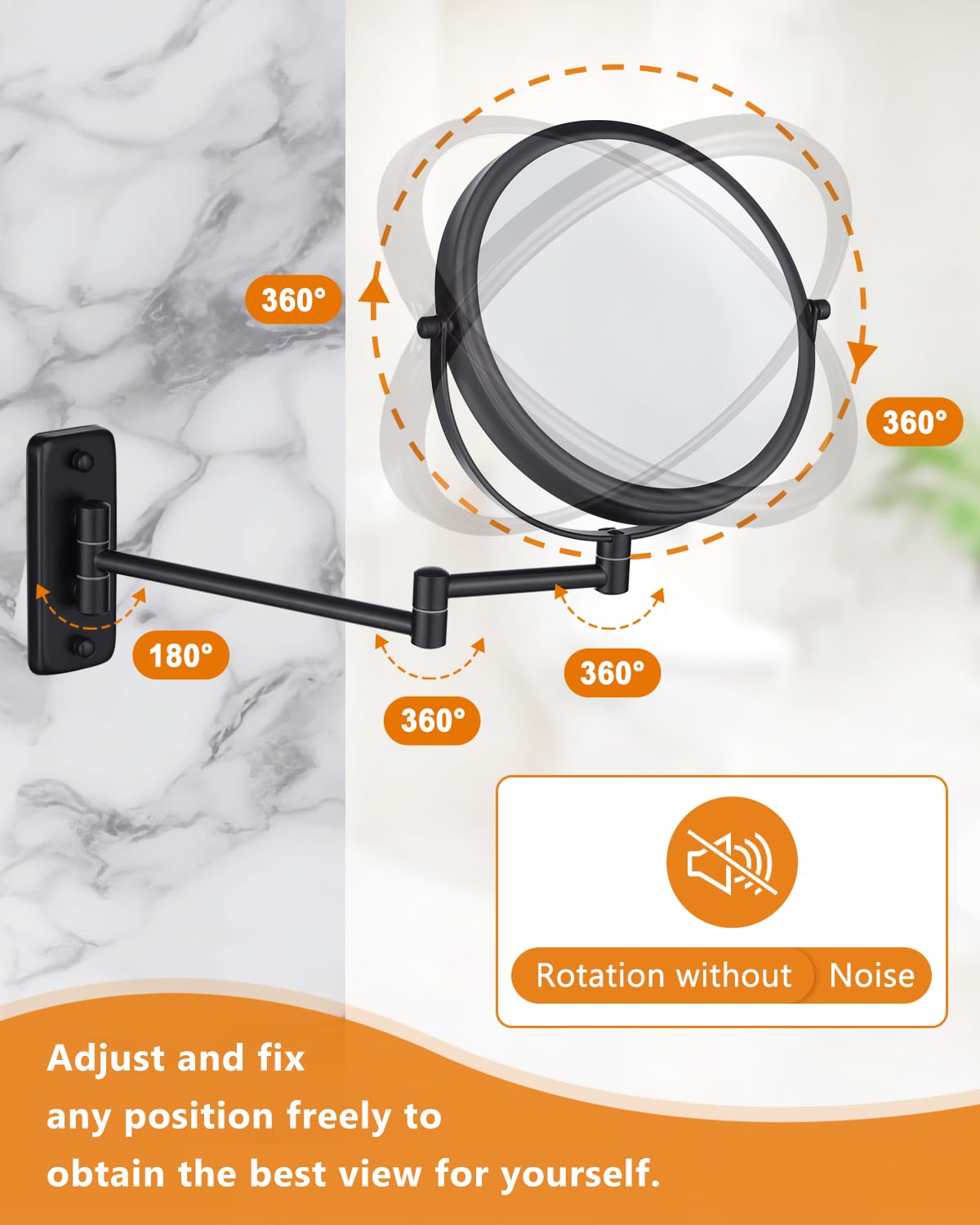 Wall Mounted Makeup Mirror - 1X/10X Magnifying Mirror for Wall, 8 Inch Double Sided 360° Swivel Extendable Bathroom Mirror for Shaving, Black DECLUTTR