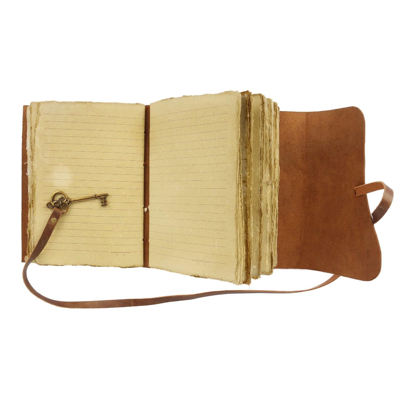 Leather Journal with Deckle Edge Paper 8x6 inch and Vintage Key/Handmade Writing Notebook Diary/Bound Daily Notepad for Men & Women Medium, Sketch/Writing pad, for Artists (8 X 6, Brown)