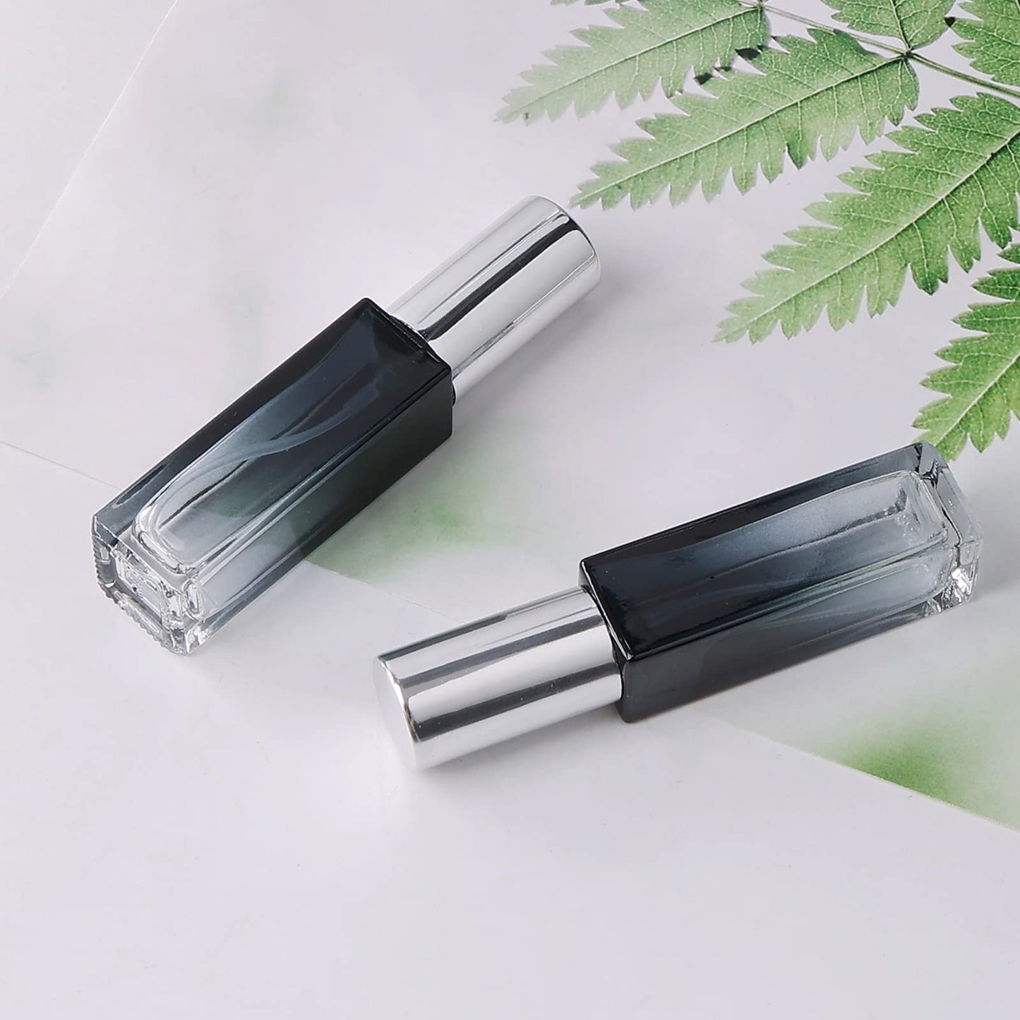 Newzoll 45Pcs 10mL Small Travel Spray Bottles - Leak Proof Refillable Mini Glass Spray Bottle for Essential Oils, Perfume, Skincare, Empty Gradient Square Fine Mist Container with Silver Lid
