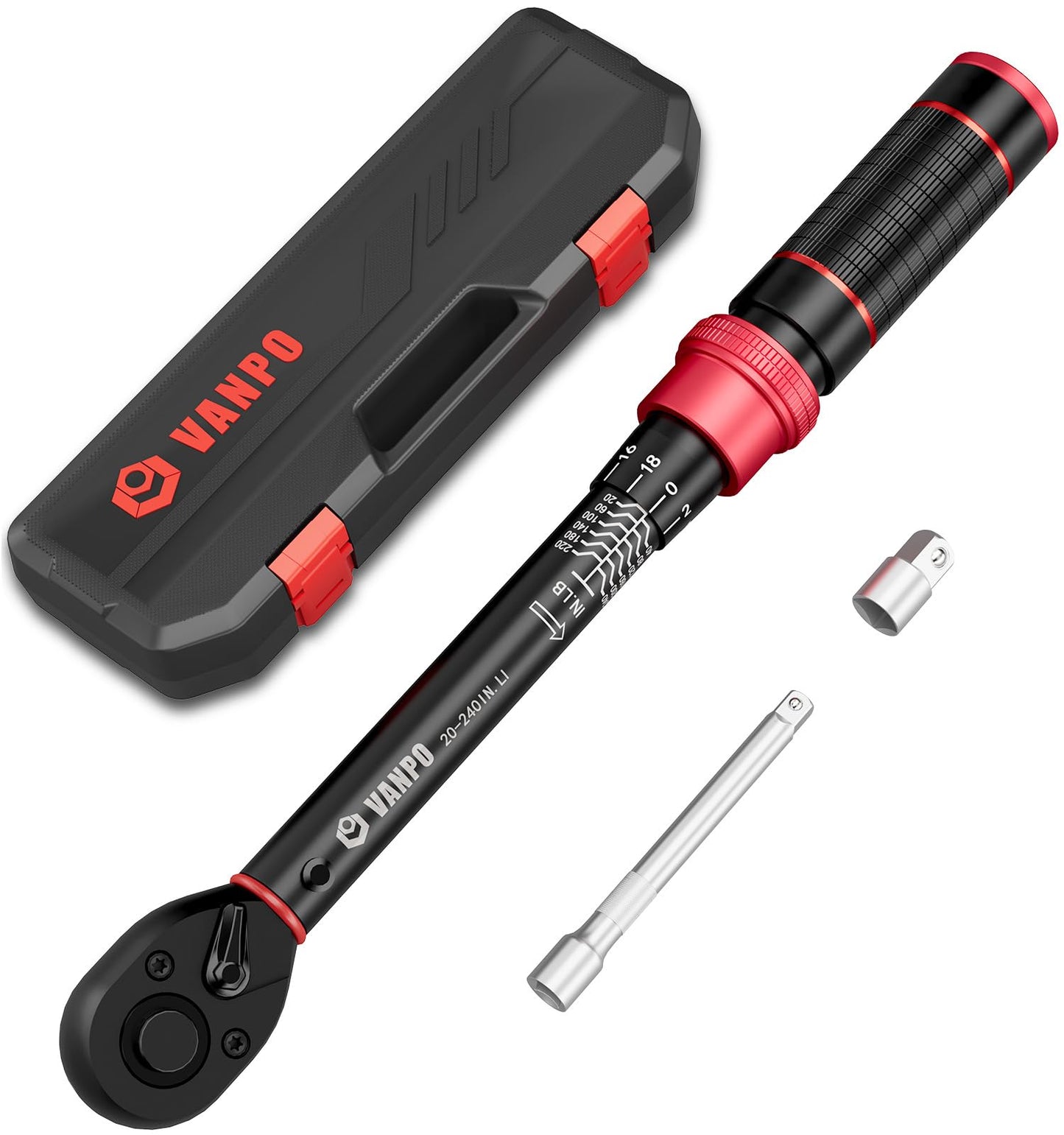 VANPO 1/4" Drive Click Torque Wrench, 20-240 in.lb/2.3-27.1 Nm, ±3% Accuracy, High Accuracy Dual-Direction Inch Pound Torque Wrench with Adapter & 10cm Extension Bar for MTB and Road Bike
