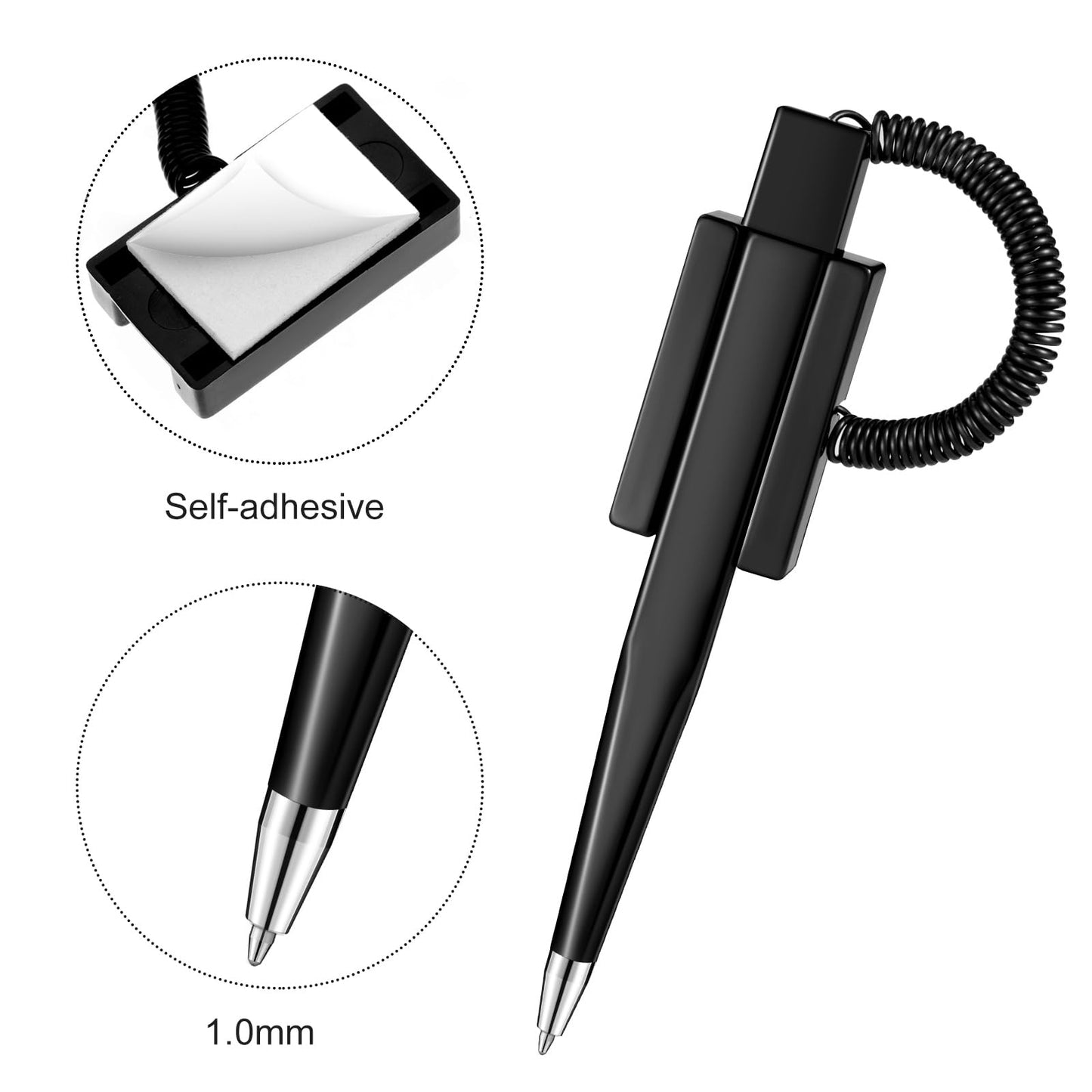 Zonon 48 Pieces Secure Counter Pens with Adhesive Chain Black Ink Counter Pen with Base Pen Holder and Plastic Coil Reception Pens for Home Bank Office Hotel Supplies