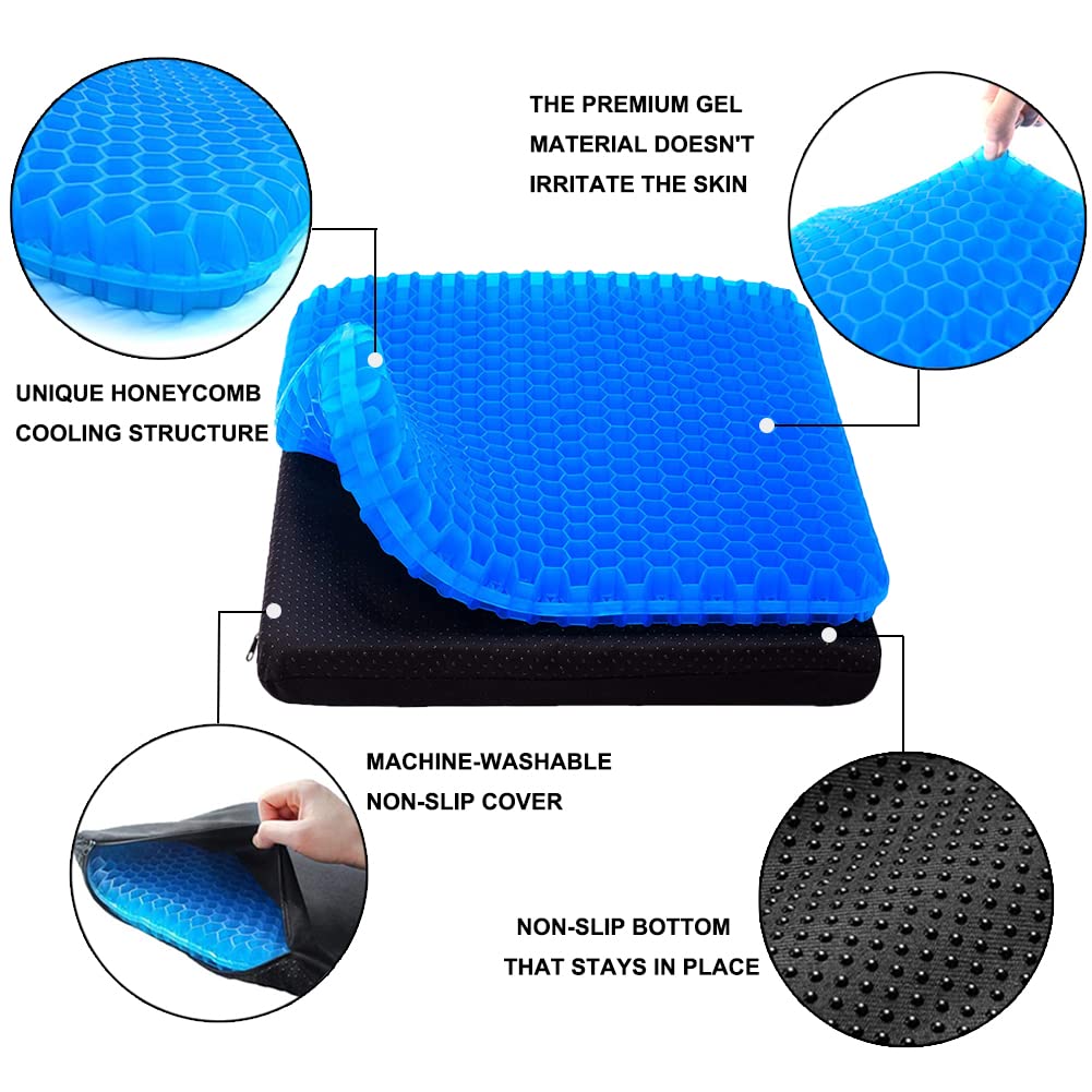 Gel Seat Cushion, Office Seat Cushion Chair Pads for Office Home Car Wheelchair Long Trips - Extra Thick Gel Cushion for Pressure Sores, Tailbone, Back, Sciatica Pain Relief (Extra Thick, Blue)