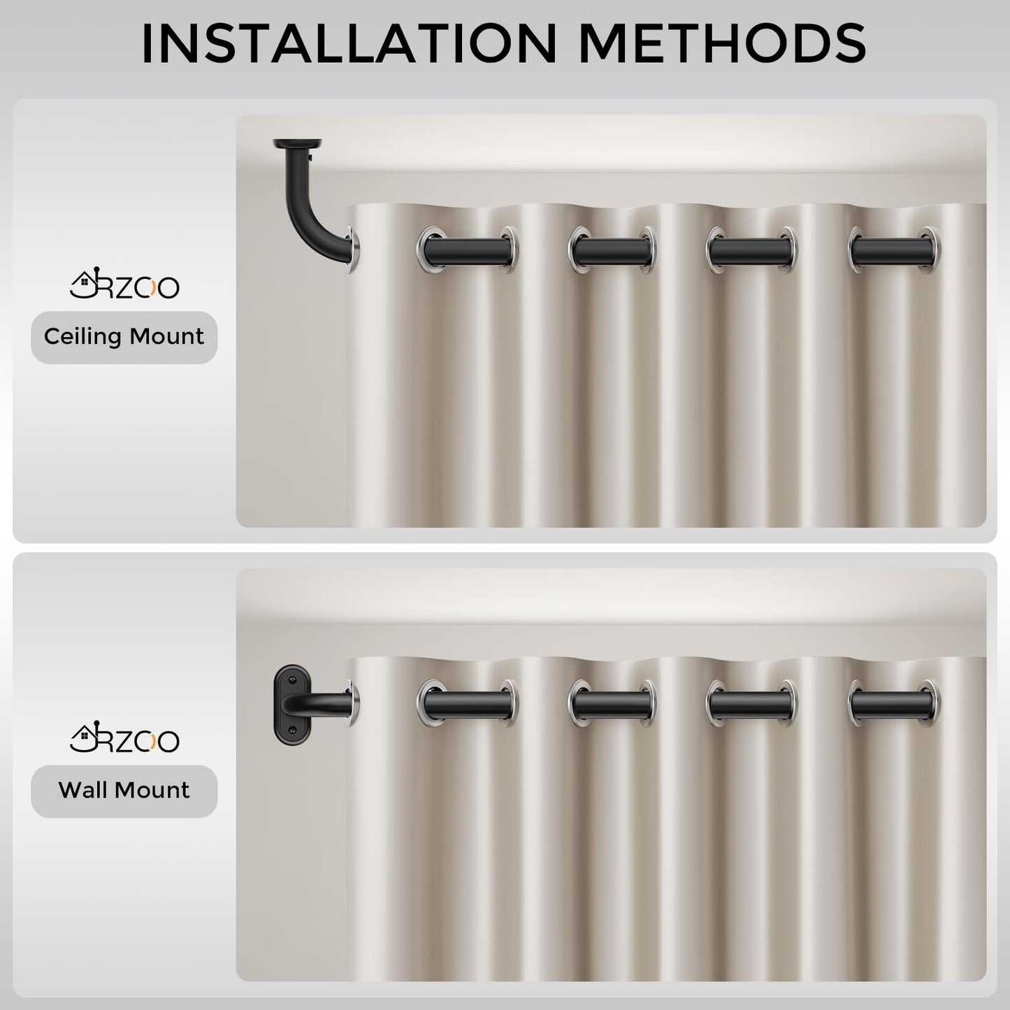 JRZOO Wrap Around Curtain Rods Black, Blackout Heavy Duty Curtain Pole for Windows 48 to 84 Inch, 1" Decorative Room Darkening Curved Modern Drapery Rod (Matte Black/Unique Design/All Matel)