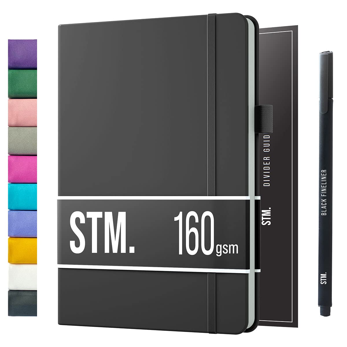 B5 Bullet Dotted Journal Notebook by STM | Thick Bleedproof 160gsm Paper, 150 Pages | Lay Flat Vegan Leather Hardcover | 2 Bookmarks, Printed Page numbers | Black Pen | 7 x 10 in | Charcoal