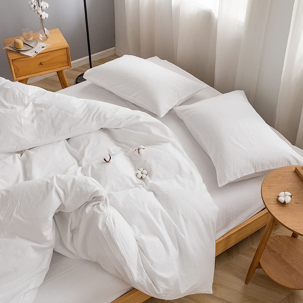 Face Two Face Bedding Duvet Cover Set 100% Washed Cotton Duvet Cover Linen Like Textured Breathable Durable Soft Comfy(Queen, White)