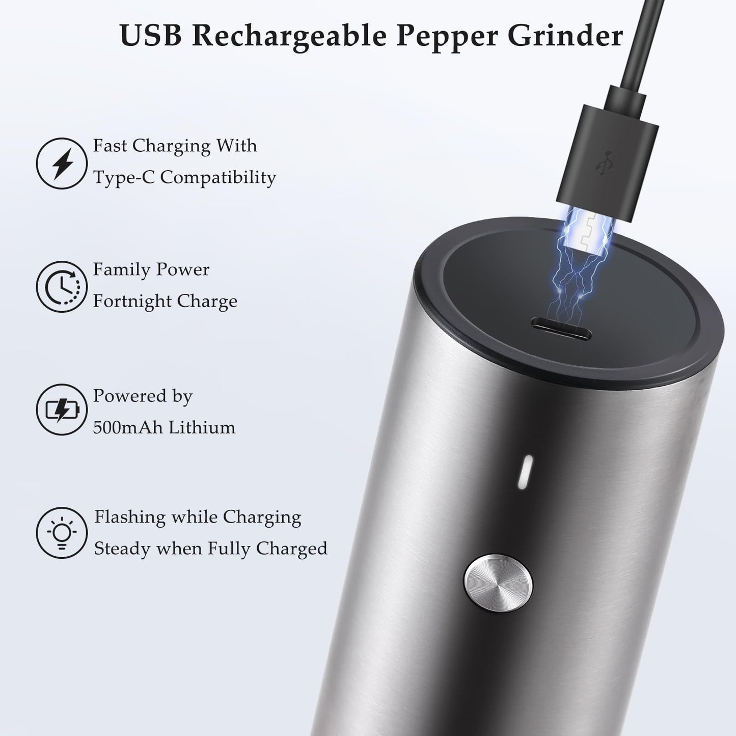 Electric Salt and Pepper Grinder Set, USB Rechargeable, Stainless Steel Automatic Salt and Pepper Mill Grinder with Adjustable Coarseness, Electric Salt Shakers, LED Light, Refillable (2 Packs)