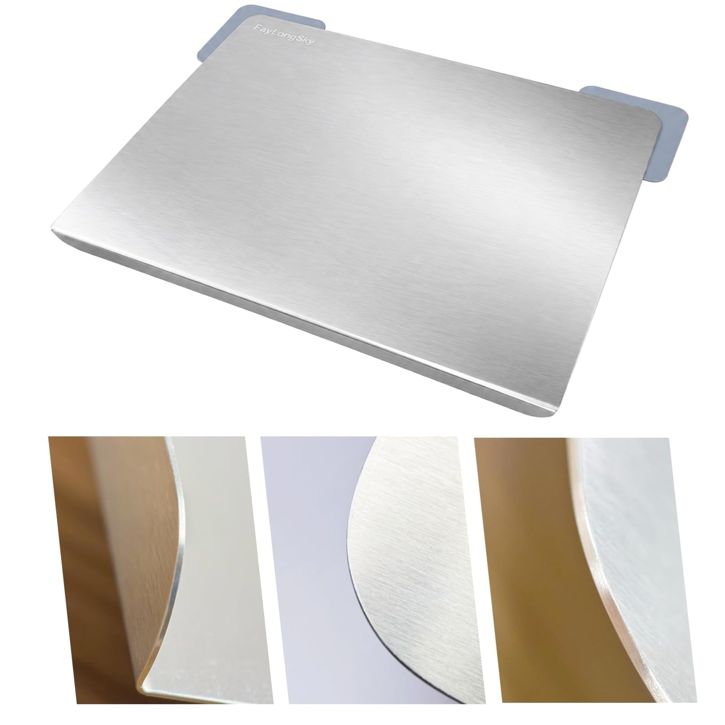 FayLongSky 304 Stainless Steel Cutting Board with Lip, Rounded Edges No Sharp Corners, with 2 Pcs Non-Slip Mats, for Kitchen, Meat, Vegetables, Fruits, Kneading, Bread & Baking (15.7" L x 11.8" W)