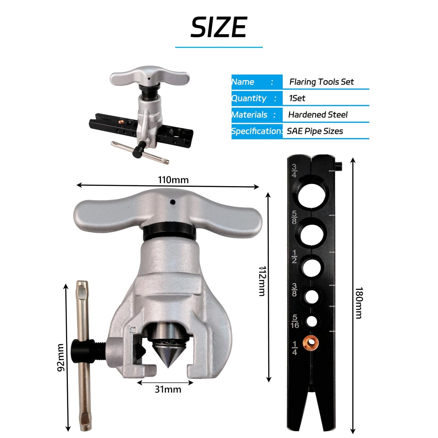 AeKeatDa Flaring Tools Set Tubing Pipe CT-806-A(1/4、5/16、3/8、1/2、5/8、3/4) 45 Degree Angle Eccentric Cone Type Kit Flaring Tool Kit Tubing Refrigeration
