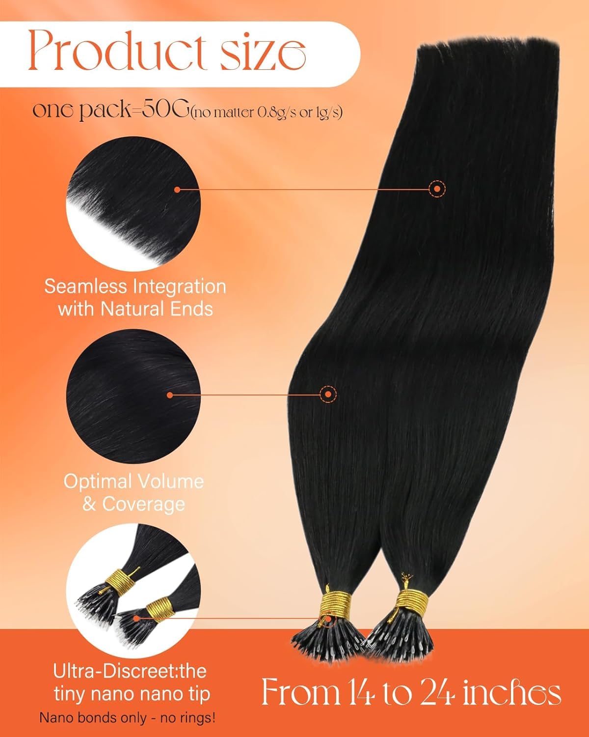 Sunny Hair Nano Beads Hair Extensions For Women Real Human Hair Remy Nano Tip Hair Extensions Human Hair Cold Fusion Loop Ring Nano Link Extensions Black 50G/50S 24inch