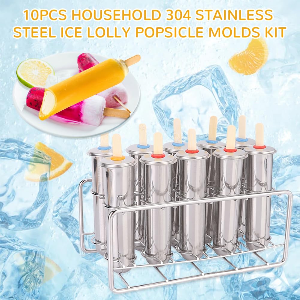 Sunicon Popsicle Mold, 10Pcs Stainless Steel Popsicle Molds, Homemade Ice Lolly Molds with Holder, Reusable Round Head Fast Freezing Ice Treat Maker with Wooden Sticks and Bags for DIY Popsicle