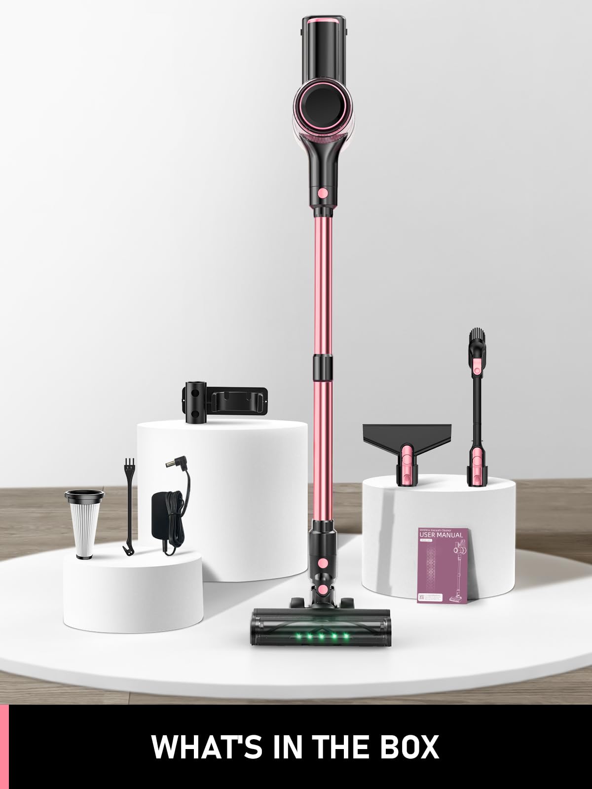 Cordless Vacuum Cleaner, 350W/40Kpa 8 in 1 Powerful Stick Vacuum, with Anti-Tangle Brush and Upgraded Green Light, 45mins Runtime Rechargeable Lightweight Vacuums for Hardwood Floor (Pink)