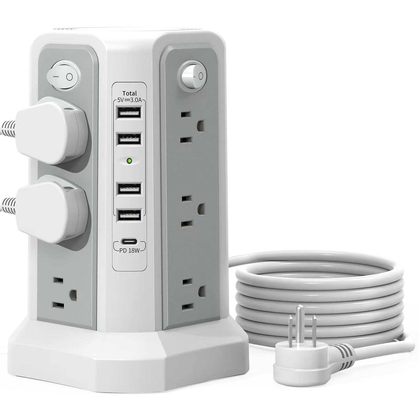 Surge Protector Tower Power Bar with USB C 18W Fast Charging Port, 10FT Extension Cord with 12 AC Outlets, and 5 USB Charging Ports(1 USB C), Power Bars Tower Surge Protection for Home Office DormRoom