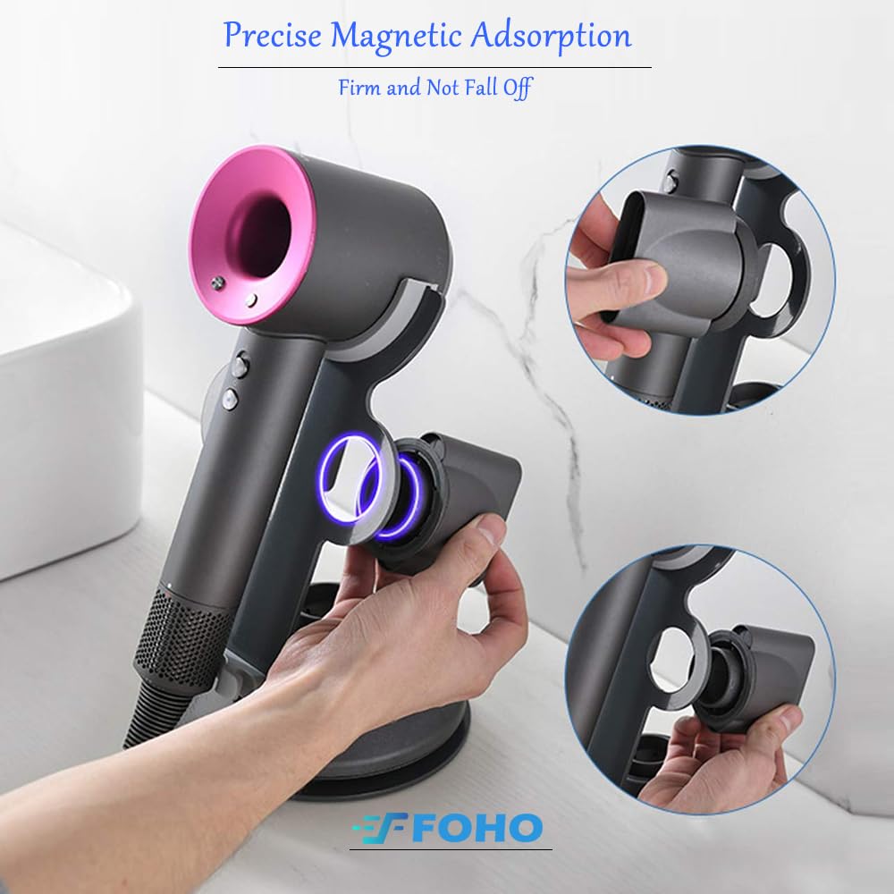 Hair Dryer Holder Compatible for Dyson Supersonic, Magnetic Stand Holder with Power Plug Cable Organizer, Aluminum Alloy Bracket, Bathroom Organizer Compatible for Dyson Supersonic Hair Dryer, Diffuser and Nozzles