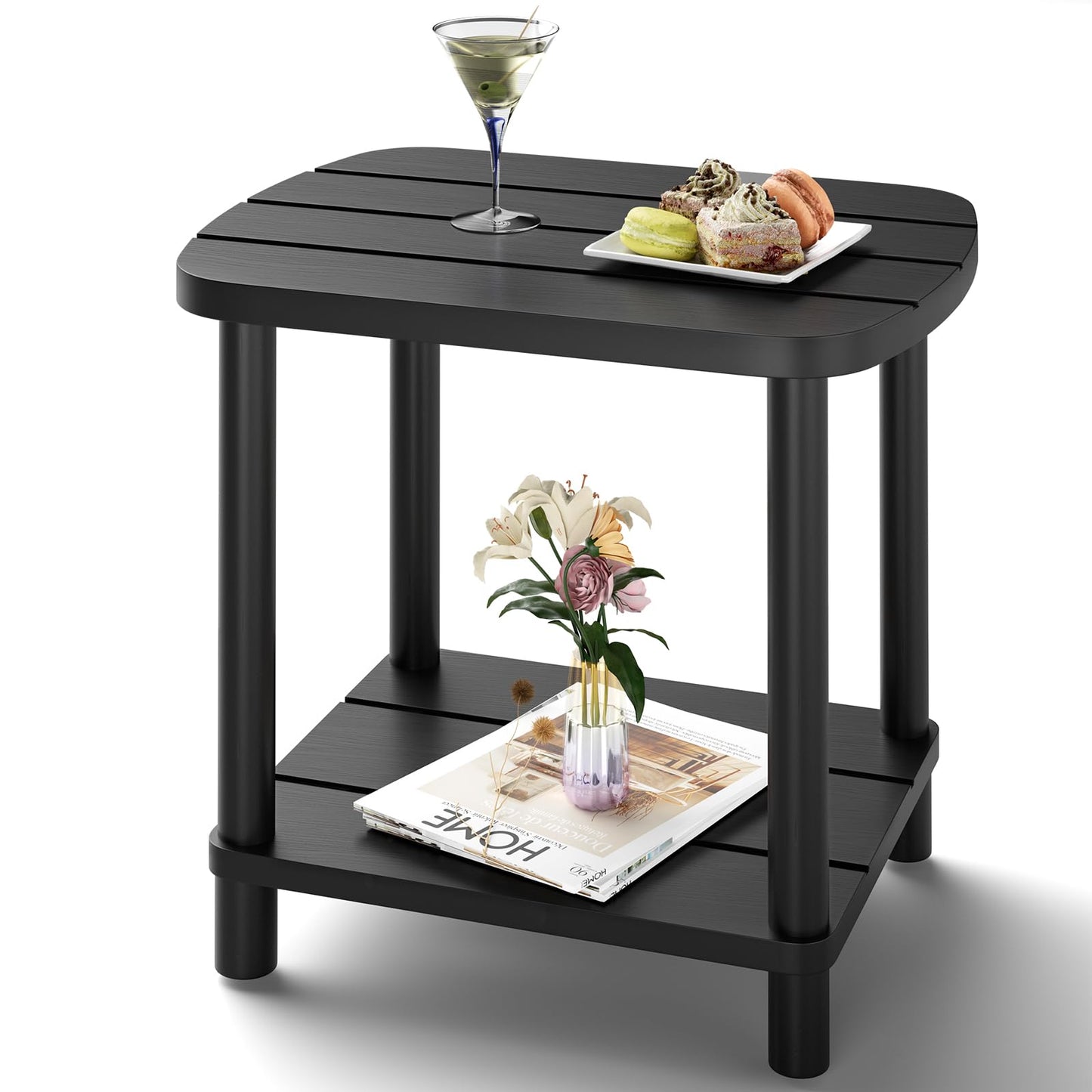 Outdoor Side Table, 2-Tier Small Outdoor Table for Patio, Adirondack Side Table for Outside or Indoor, Bamboo End Table for Pool, Porch, Weather Resistant Easy Maintenance(Dark Black)