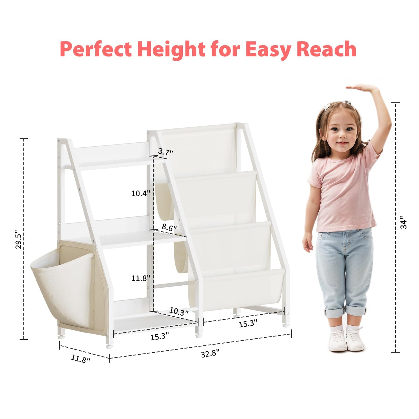 LATIBELL 3 Tier Kids Bookshelf and Toy Storage, Book Sling Shelf, Montessori Baby Toddler Bookshelf for Kids Bookcase, Toy Storage Organizer, for Playroom, Bedroom, Nursery (White)