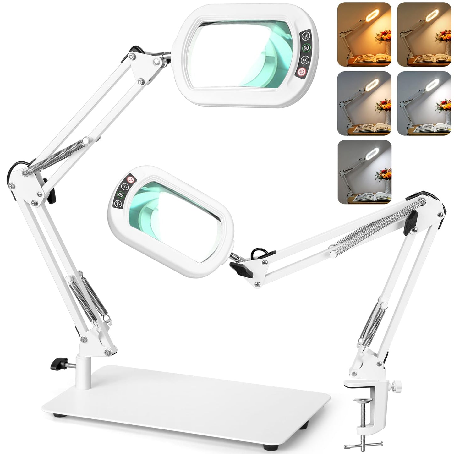 12X Rectangle Magnifying Glass with Light and Stand, 5 Color Modes Stepless Dimmable, 2-in-1 LED Desk Lamp with Clamp, Hands Free Lighted Magnifier for Reading Crafts Repair Painting Close Work White