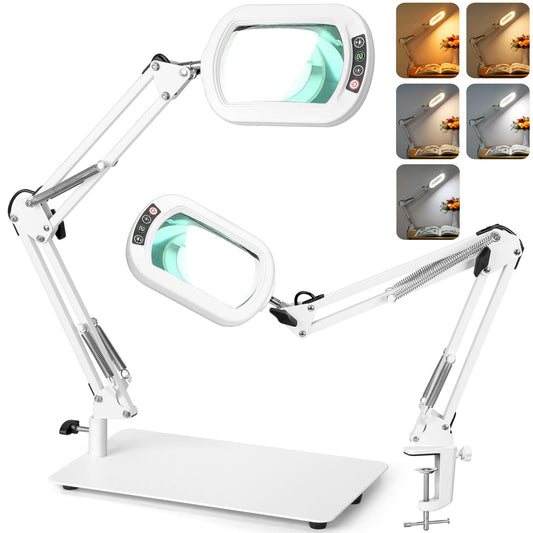 12X Rectangle Magnifying Glass with Light and Stand, 5 Color Modes Stepless Dimmable, 2-in-1 LED Desk Lamp with Clamp, Hands Free Lighted Magnifier for Reading Crafts Repair Painting Close Work White