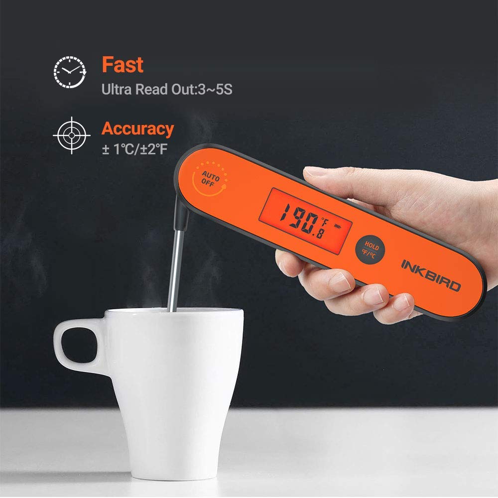 INKBIRD Instant Read Digital Meat Thermometer Waterproof Cooking Candy Thermometer with Rechargeable Calibration Magnet Backlight,IHT-1P Fast Thermometer with Folding Probe for Grill Deep Fry BBQ Milk