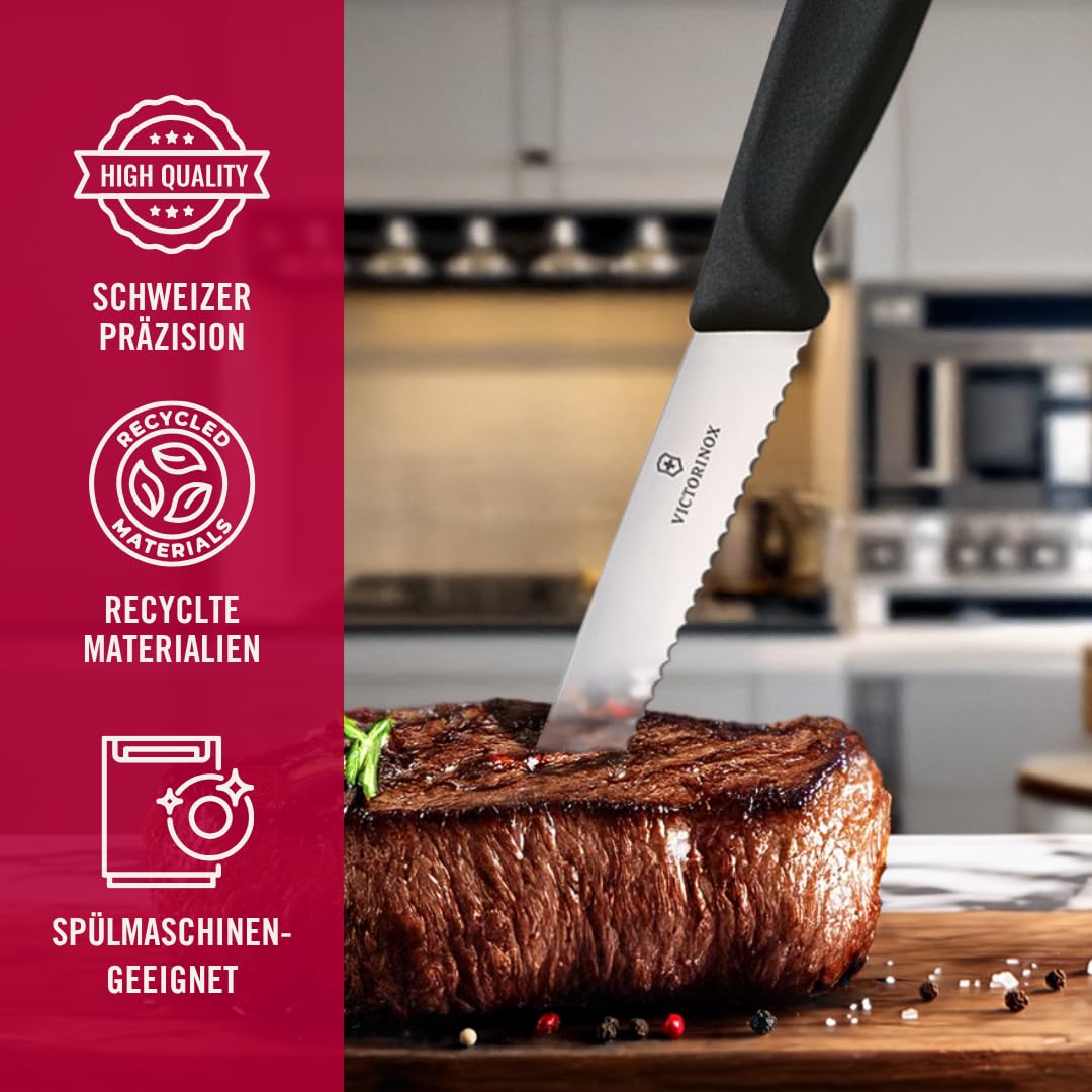 Victorinox Swiss Classic Steak Knife Set Ideal for Slicing a Wide Variety of Steak Cuts Serrated Blade in Black, Set of 6