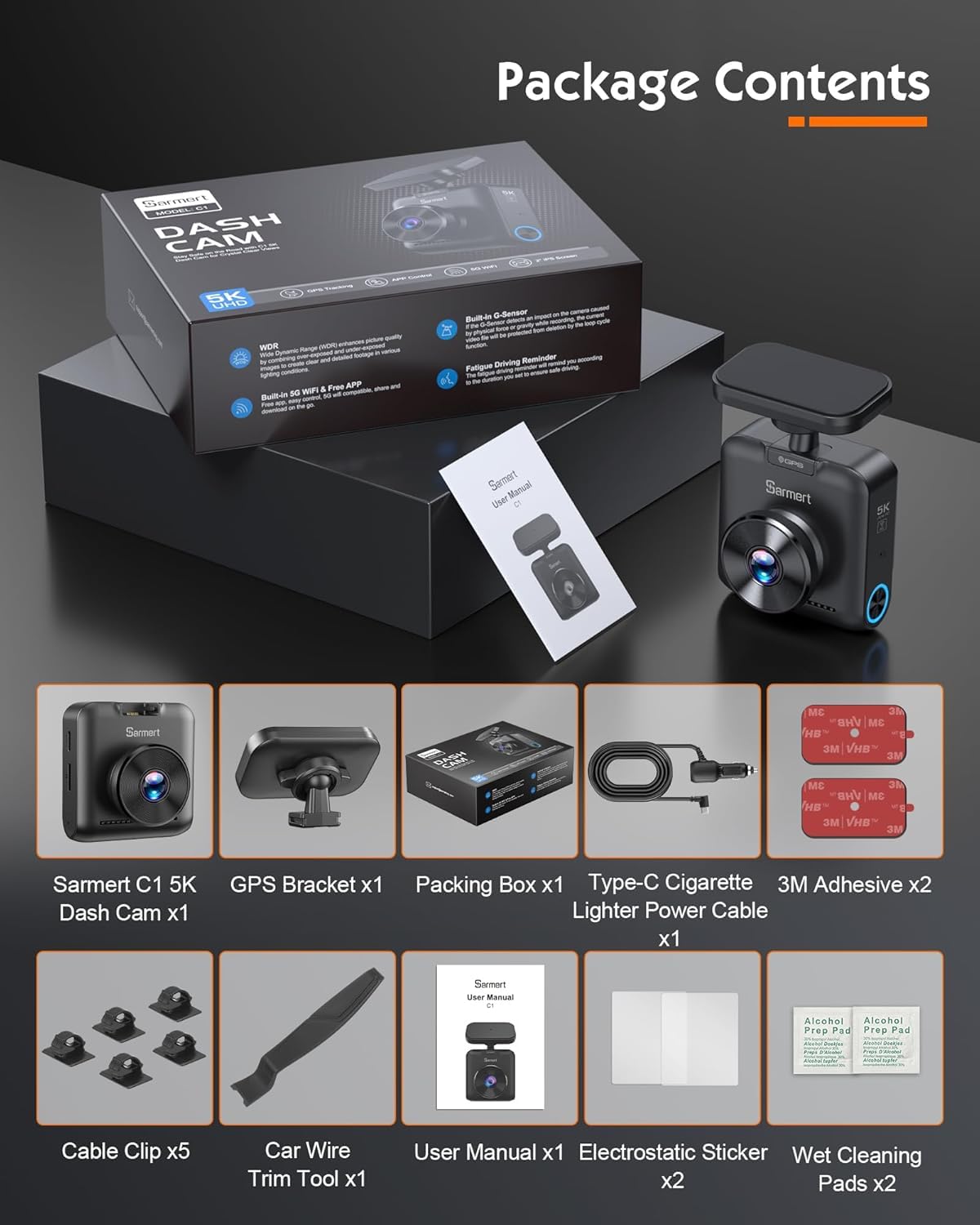 5K Dash Cam, Sarmert Car Camera Dashcam Built-in GPS 5G WiFi, 5K 4K UHD with APP, 2" IPS Screen Dash Camera with Super Night Vision, Loop Recording, WDR, 150° Wide, G-Sensor, Supports 512GB Max