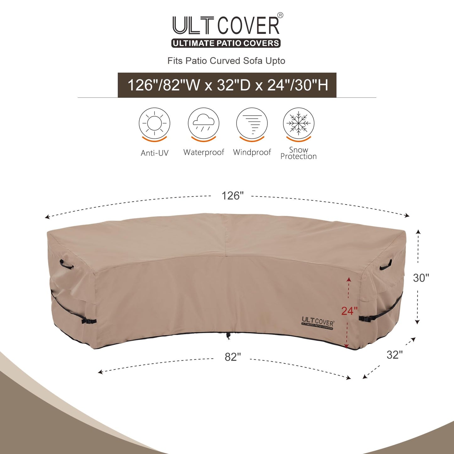 ULTCOVER Patio Curved Sofa Cover Waterproof for 3-4 Seater Outdoor Sectional Furniture Couch 126"(Back Arc Length) / 82"(Front Arc Length) x 32"(Deep)