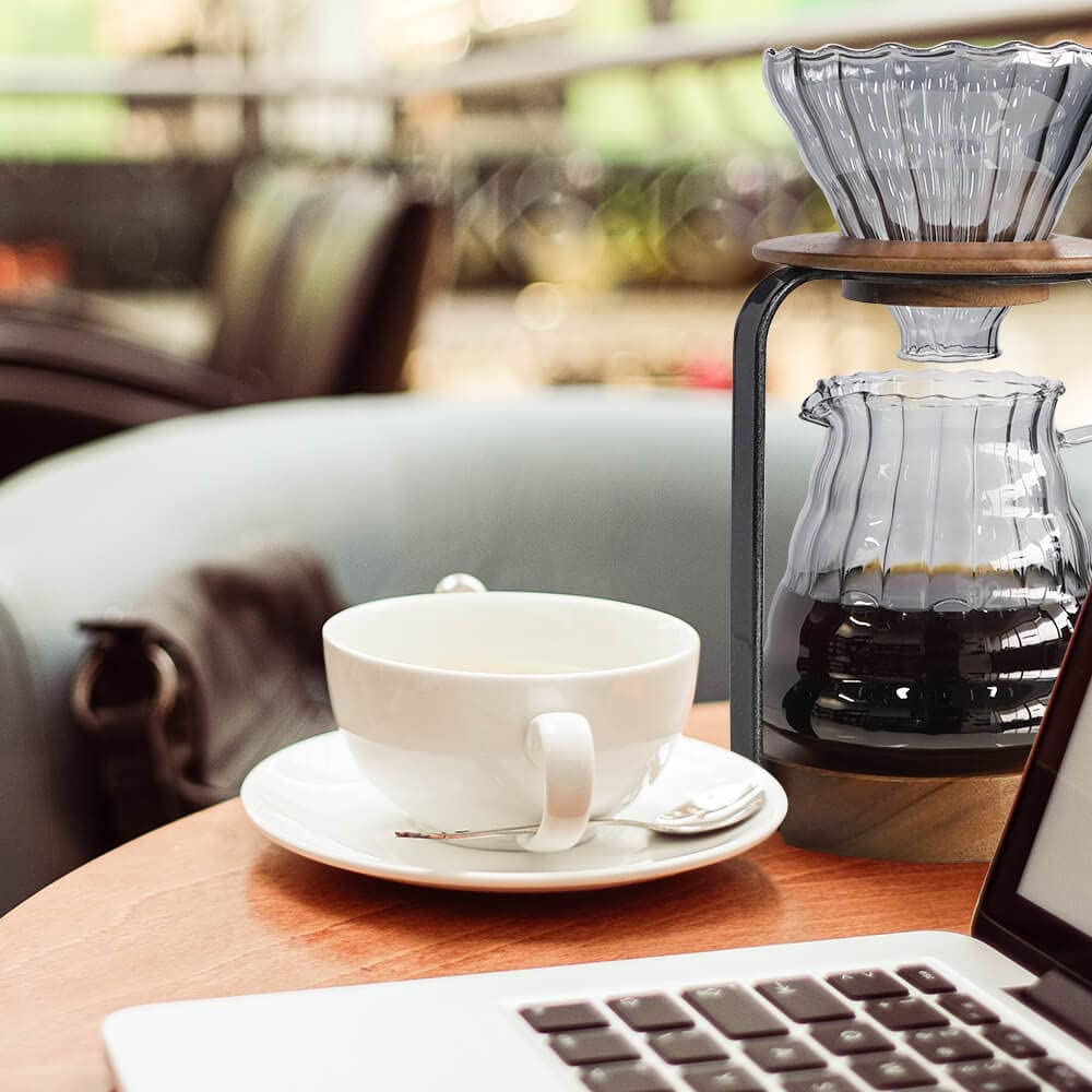 SOTECH Pour Over Coffee Station Dripper Stand Coffee Filter Wooden Filter Holder Glass Server with Paper Coffee Filters, Coffee Maker Stand Set