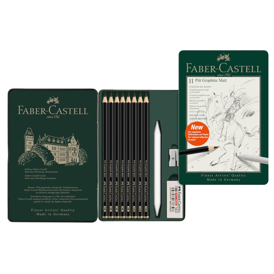 Faber-Castell Pitt Graphite Matte Pencil Set, Metal Tin of 8 Graphite Pencils and Sketching Accessories (HB, 2B, 4B, 6B, 8B, 10B, 12B, 14B), Pencil Sharpener, Eraser and Blending Stump